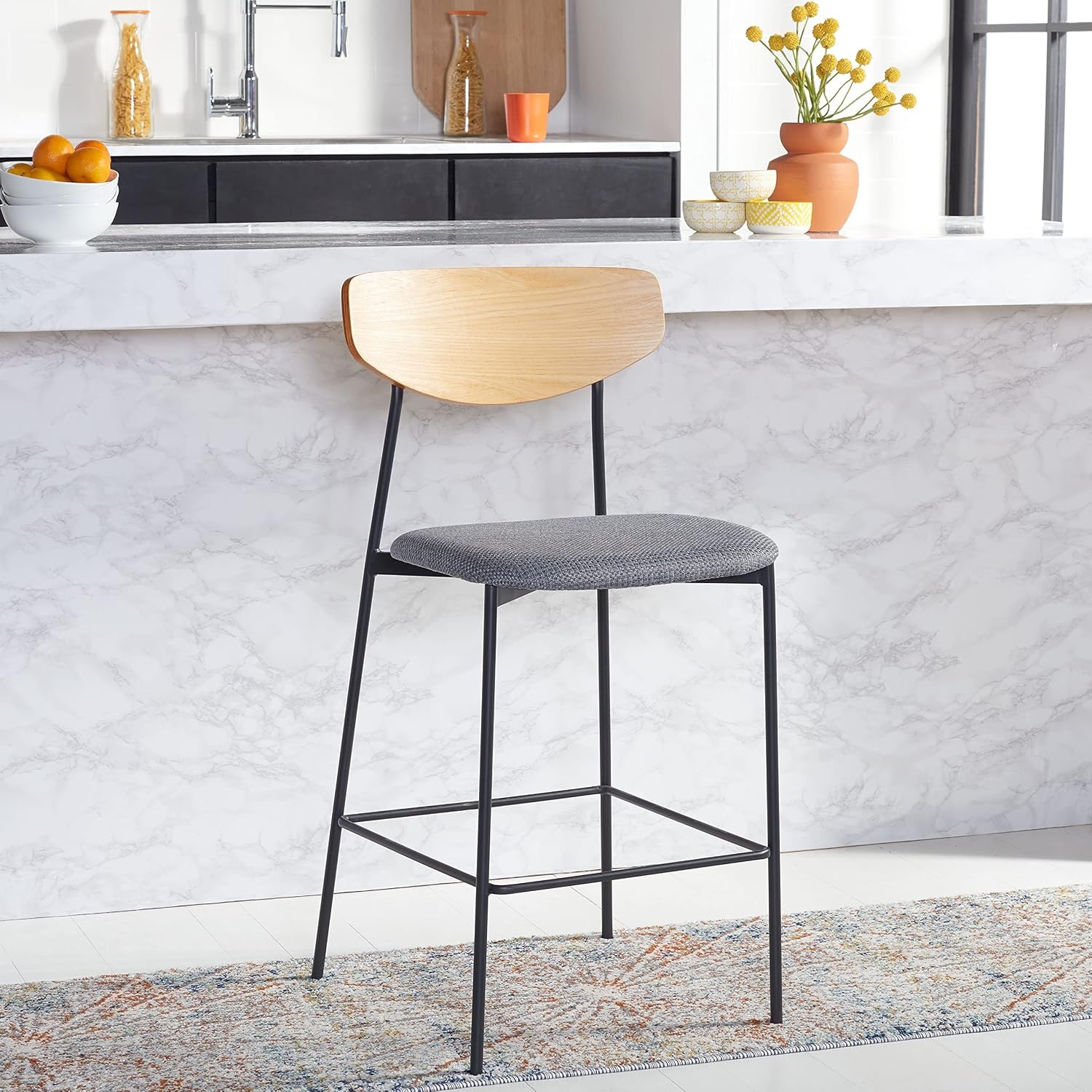 image:imageSAFAVIEH Home Collection Ryker WalnutGrey 26inch Kitchen Island Breakfast Nook Counter Stool Fully AssembledOakGrey