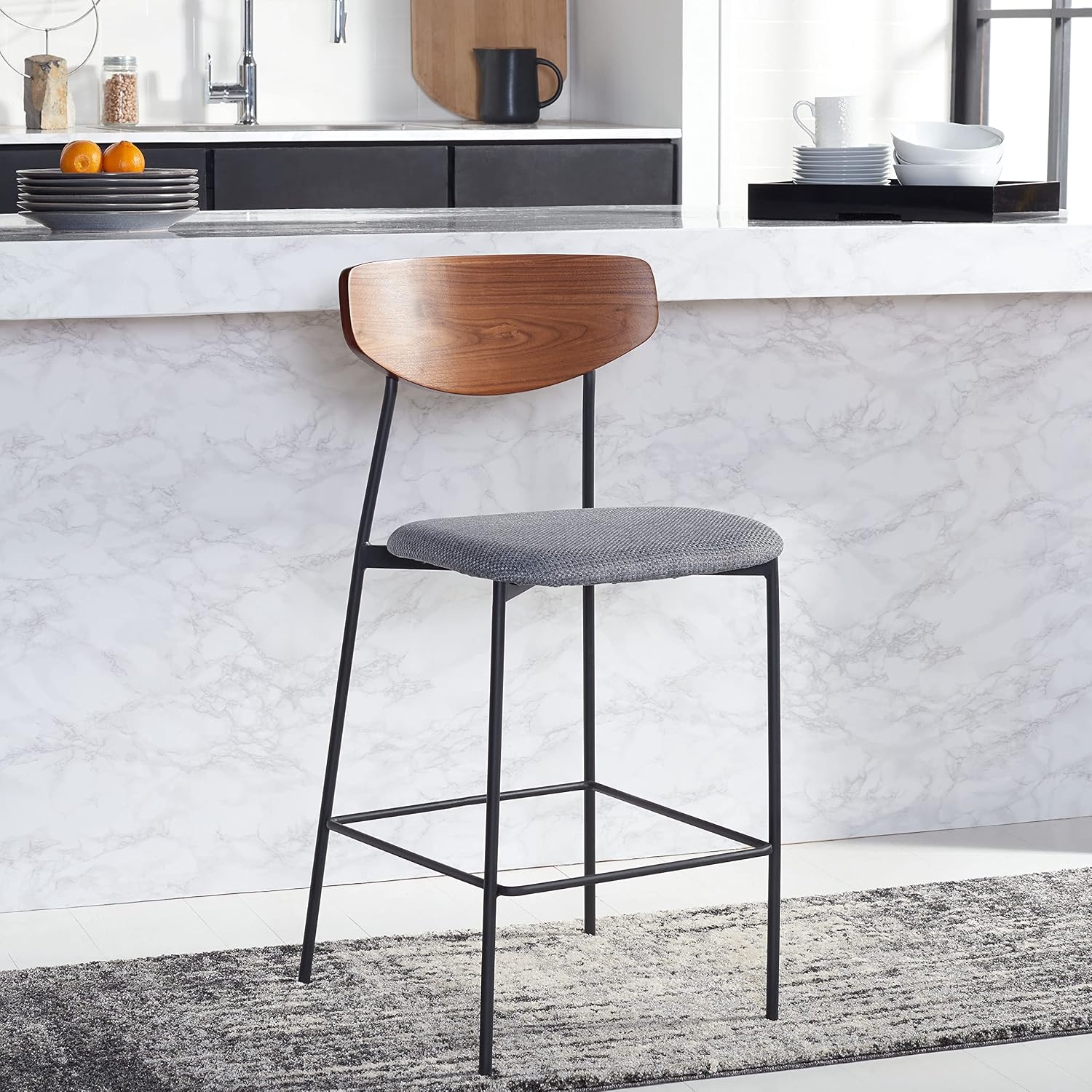 image:imageSAFAVIEH Home Collection Ryker WalnutGrey 26inch Kitchen Island Breakfast Nook Counter Stool Fully AssembledWalnutGrey