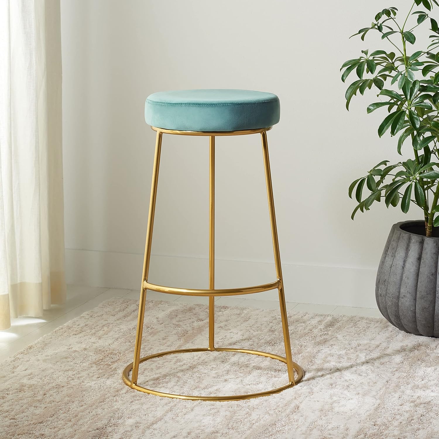 image:imageSAFAVIEH Home Collection Sabina Malachite Green VelvetGold 29inch Round Kitchen Breakfast Nook Dining Pub Bar StoolSeafoam Gold