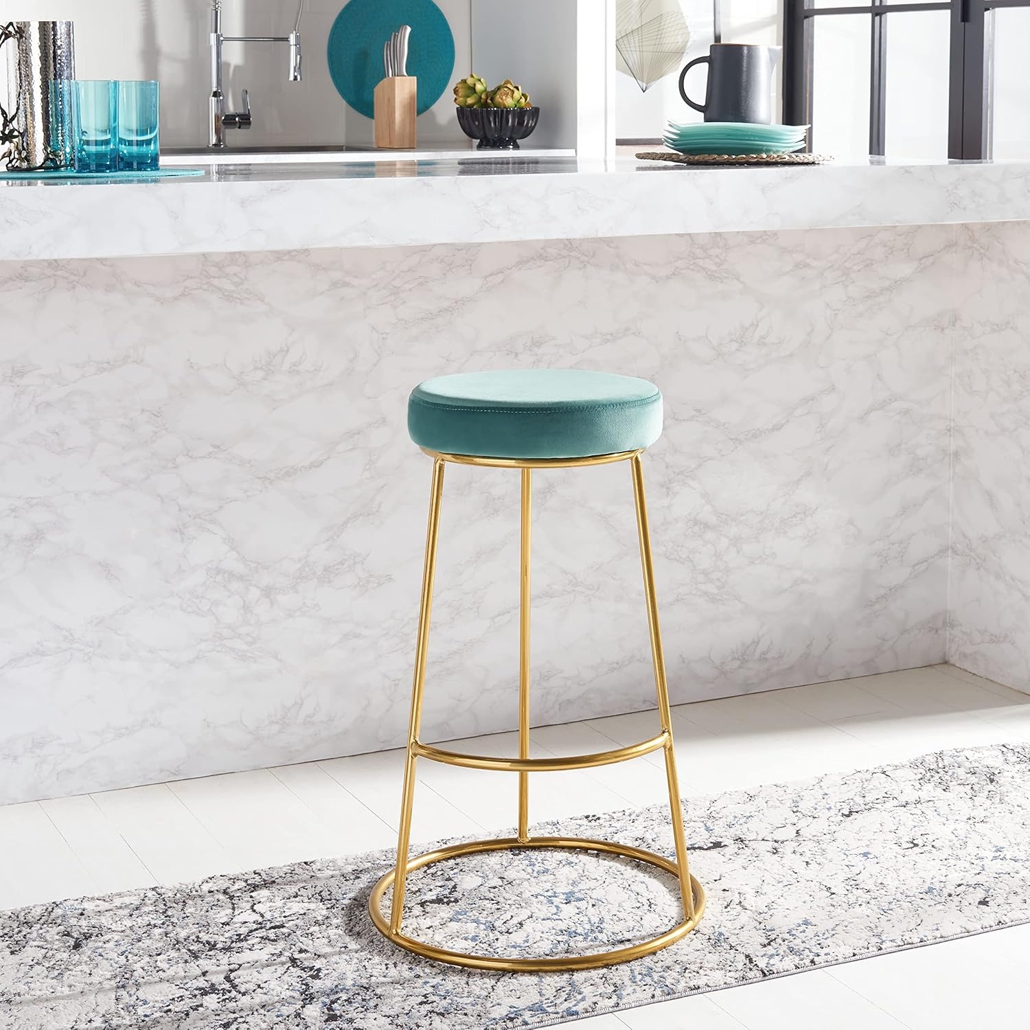 image:imageSAFAVIEH Home Collection Sabina Malachite Green VelvetGold 29inch Round Kitchen Breakfast Nook Dining Pub Bar StoolSeafoam Gold