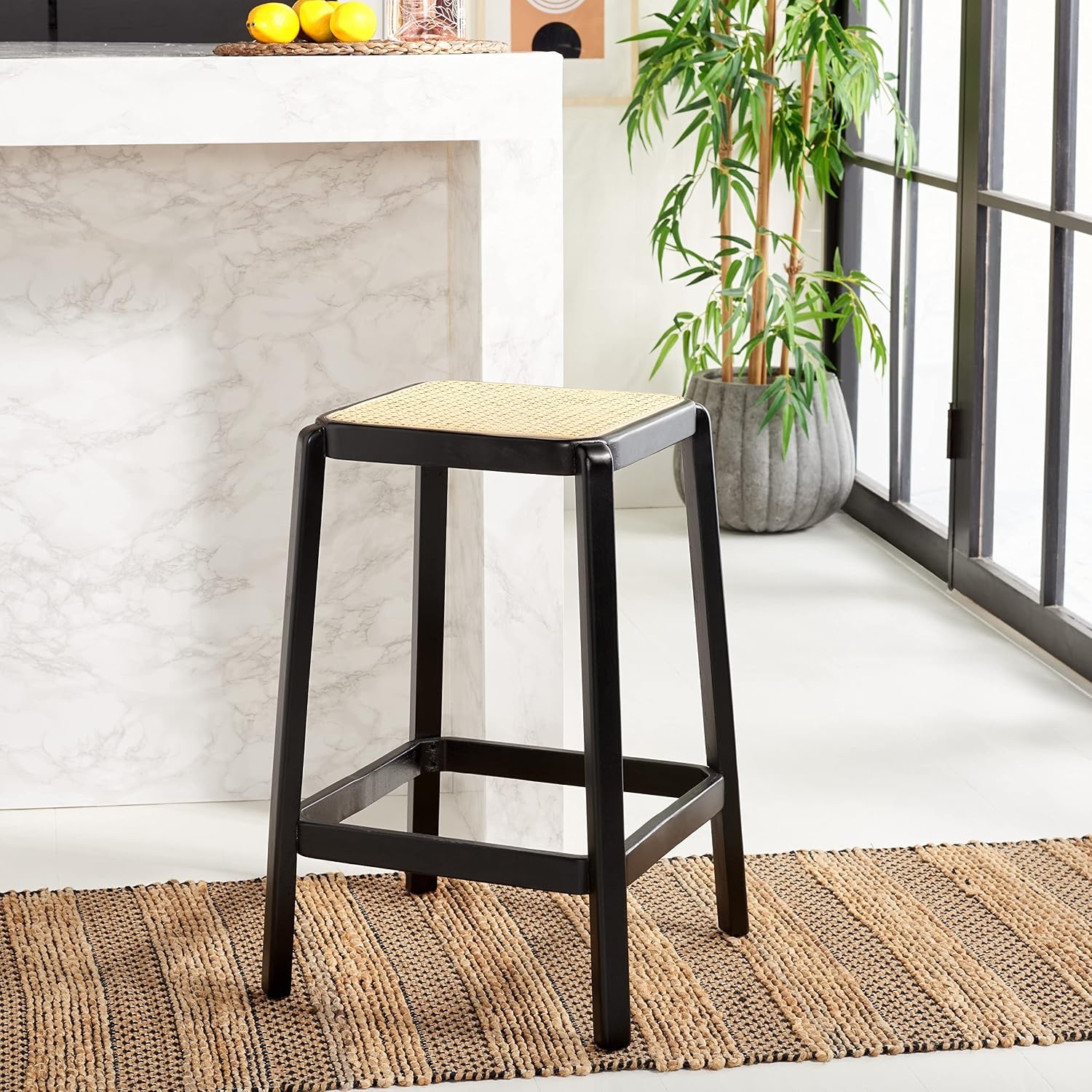 image:imageSAFAVIEH Home Collection Silus Black Backless Cane Solid Wood 25inch Counter Stool Fully AssembledBlackNatural