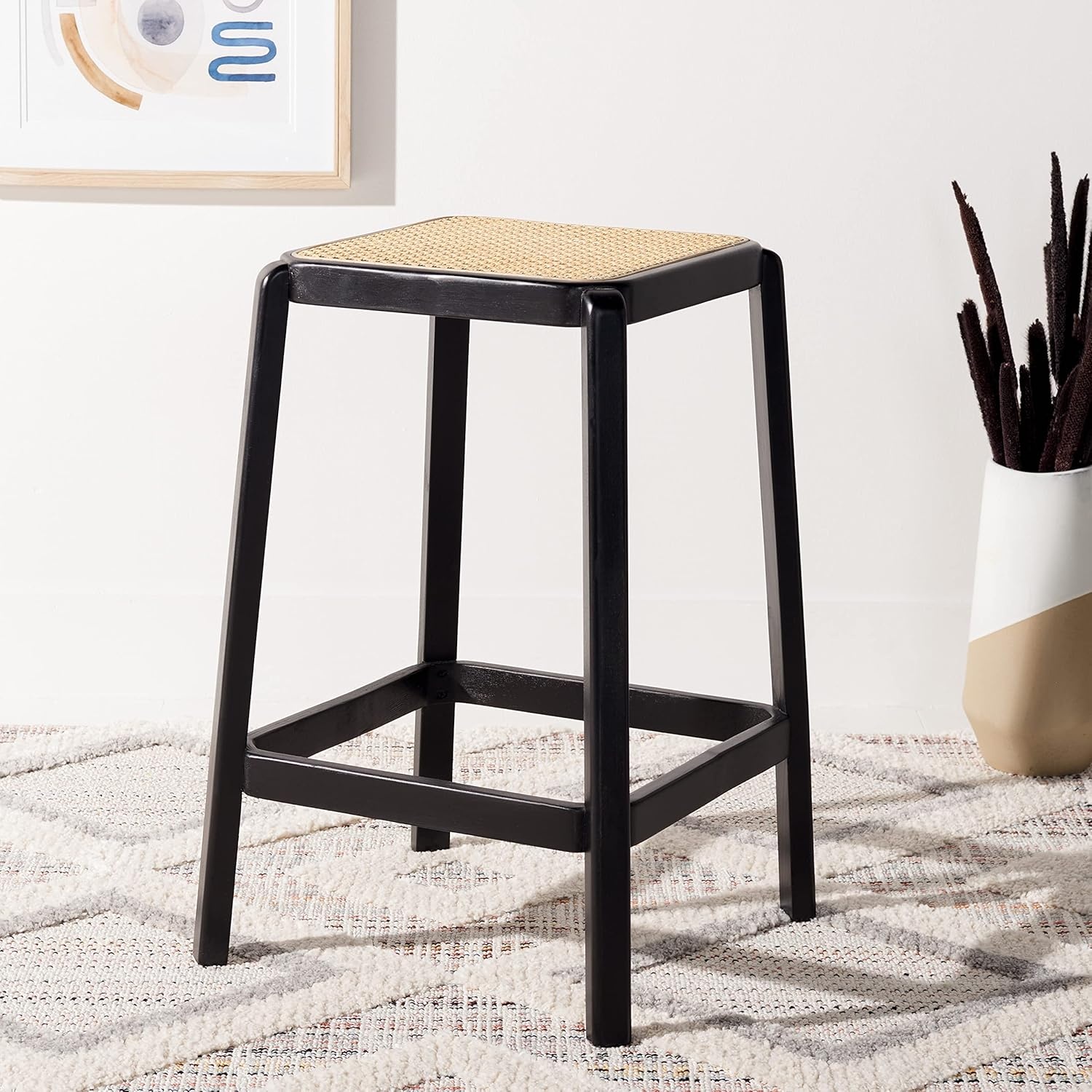image:imageSAFAVIEH Home Collection Silus Black Backless Cane Solid Wood 25inch Counter Stool Fully AssembledBlackNatural