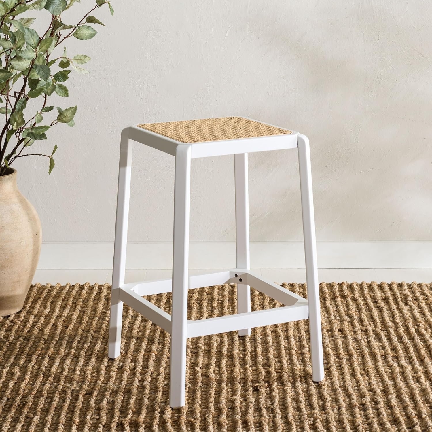 image:imageSAFAVIEH Home Collection Silus Black Backless Cane Solid Wood 25inch Counter Stool Fully AssembledWhiteNatural