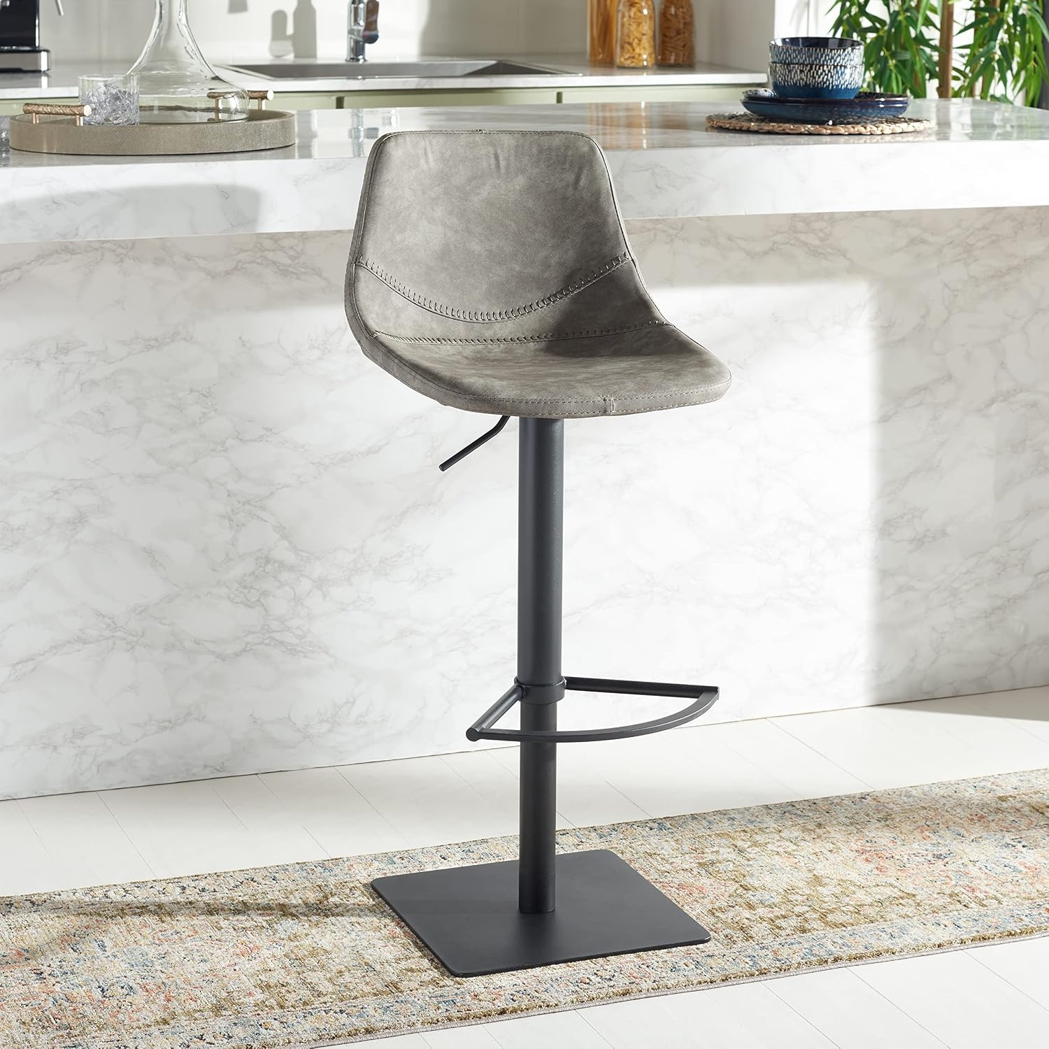 image:imageSafavieh Home Collection Kynlee Grey Faux LeatherBlack Gas Lift Adjustable Height Bar StoolGreyBlack