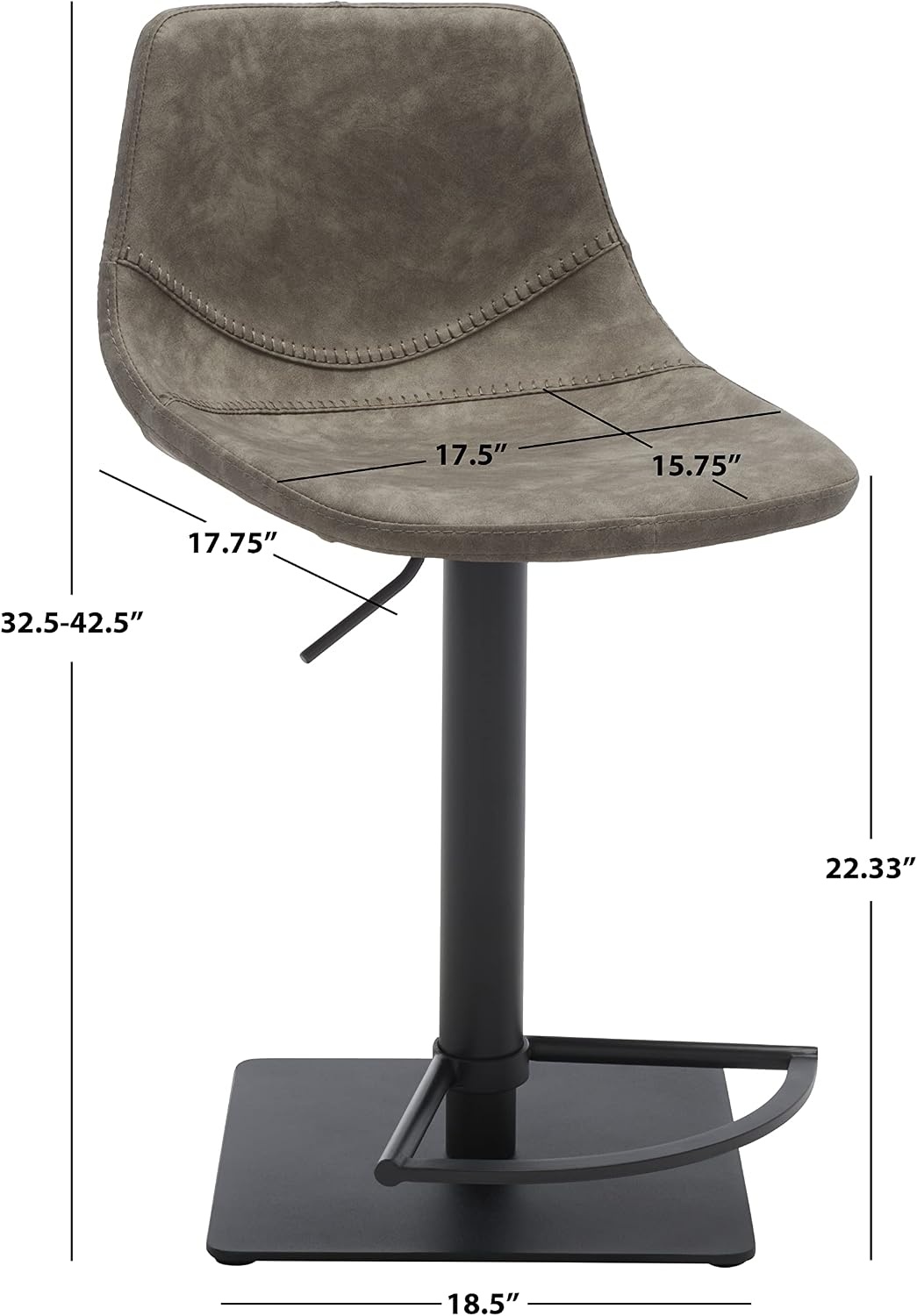 image:imageSafavieh Home Collection Kynlee Grey Faux LeatherBlack Gas Lift Adjustable Height Bar StoolGreyBlack