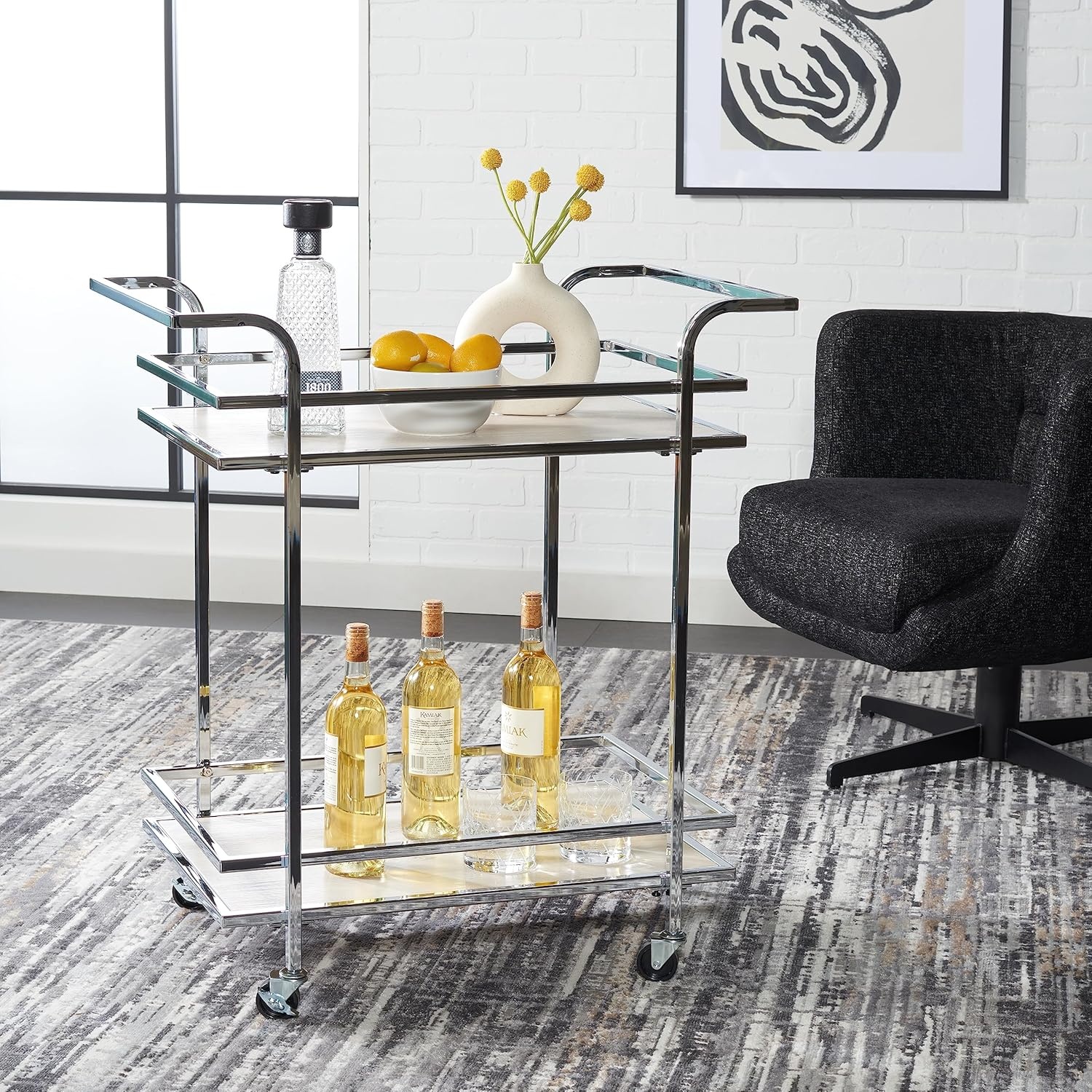 image:imageSafavieh Home Collection Lameris Matte ChromeGrey 2Tier Bart Cart with HandleChromeGrey