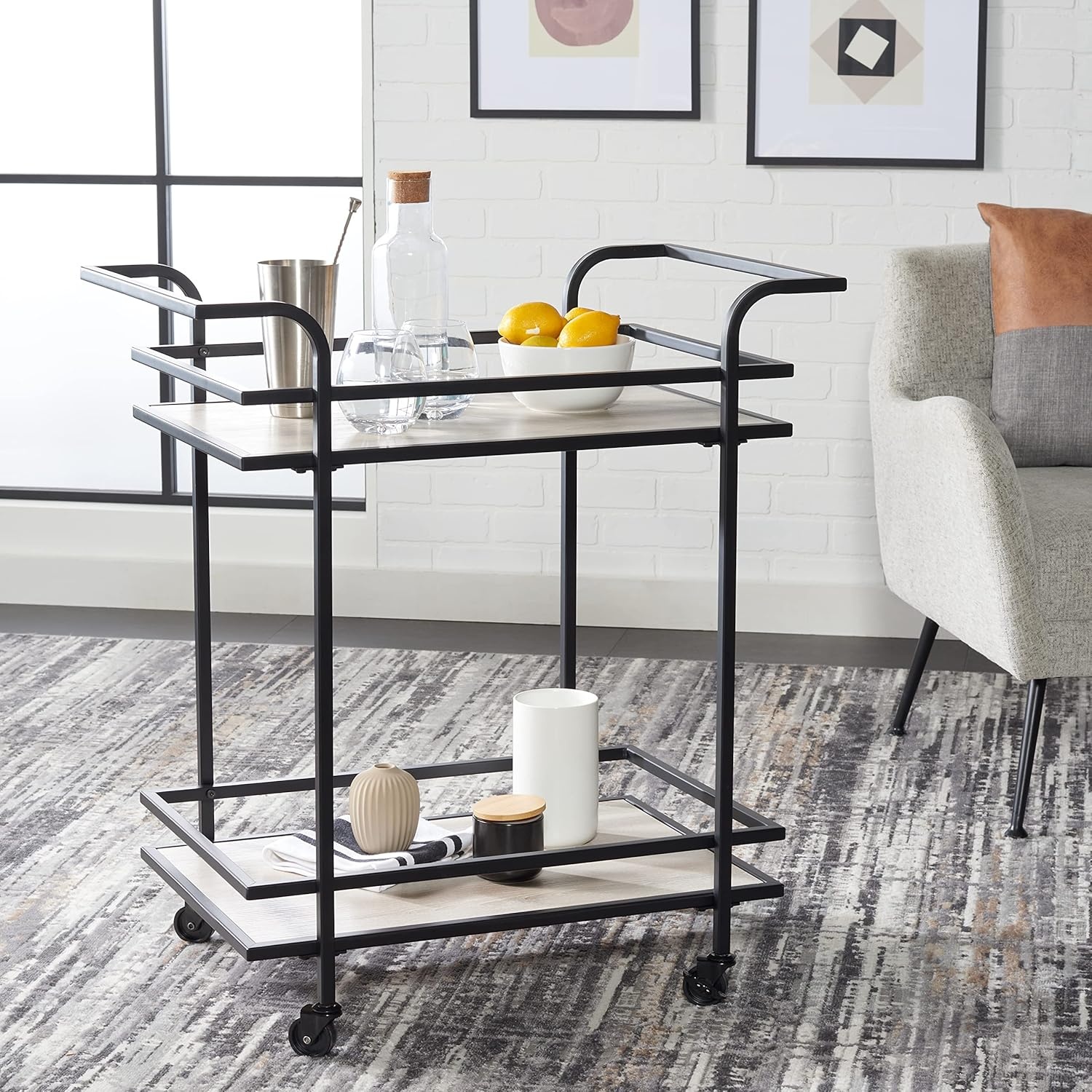 image:imageSafavieh Home Collection Lameris Matte ChromeGrey 2Tier Bart Cart with HandleMatte BlackGrey