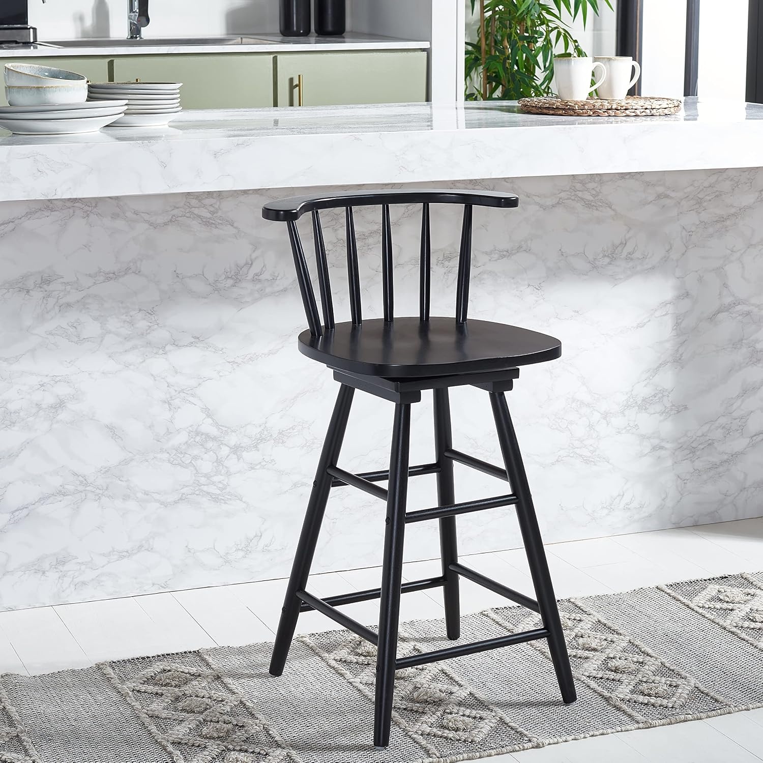 image:imageSafavieh Home Collection Ray Farmhouse Black Spindle Solid Wood 25inch Swivel Counter StoolBlack