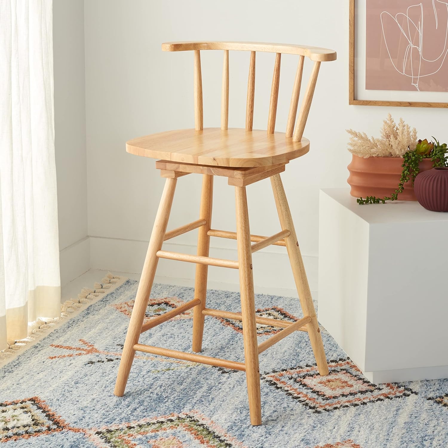 image:imageSafavieh Home Collection Ray Farmhouse Black Spindle Solid Wood 25inch Swivel Counter StoolNatural