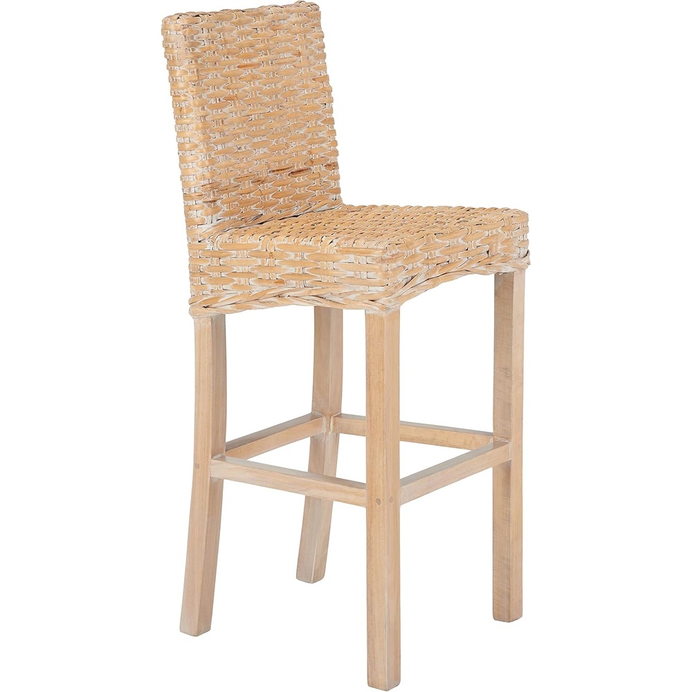 image:imageSAFAVIEH Furniture Tobie Rattan Bar Stool 177 Seat Height Grey WhiteWash Mango Wood Coastal RattanSeat Design Ideal for Kitchen Bar Area Dining Room Fully Assembled BST6500BNatural White Wash