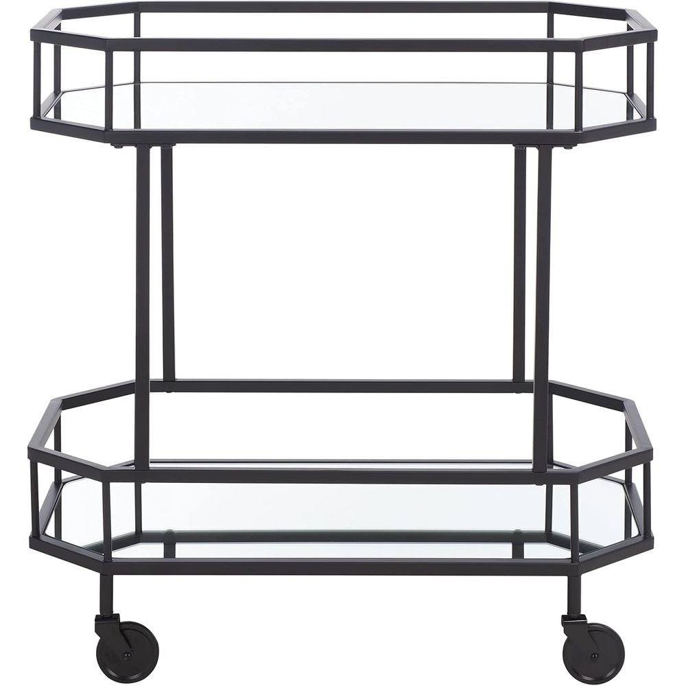 image:imageSAFAVIEH Home Collection Silva Black 2Tier Octagon Bar Cart with Mirrored Shelves amp Wheels Glam Art Deco Rolling Bar Cart for Entertaining BCT8004DMatteBlack