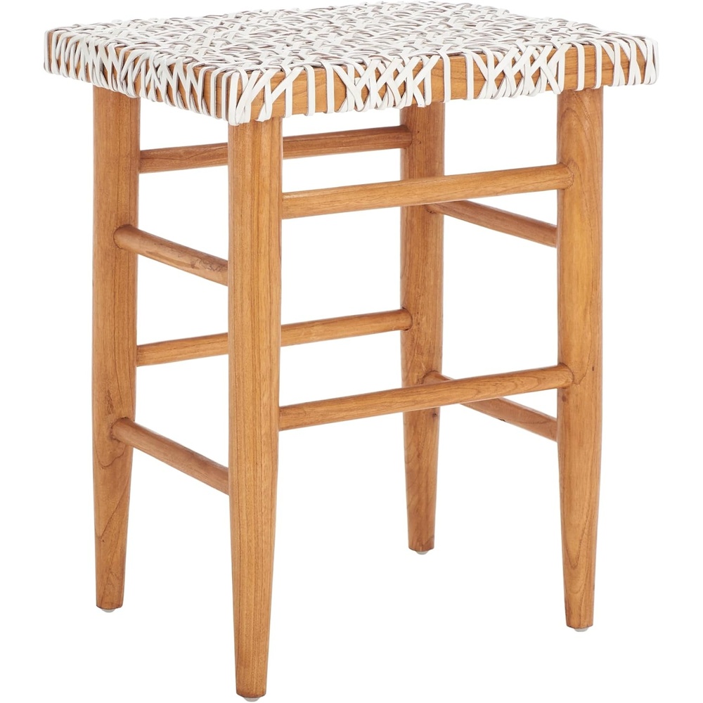 image:imageSAFAVIEH Home Collection Kaleo Natural Solid WoodWhite Woven Leather 24inch Seat Height Counter Stool Fully AssembledWhiteNatural