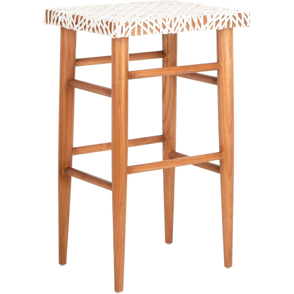 image:imageSAFAVIEH Home Collection Kaleo Natural Teak Solid WoodWhite Woven Leather 30inch Seat Height Bar Stool Fully AssembledWhiteNatural