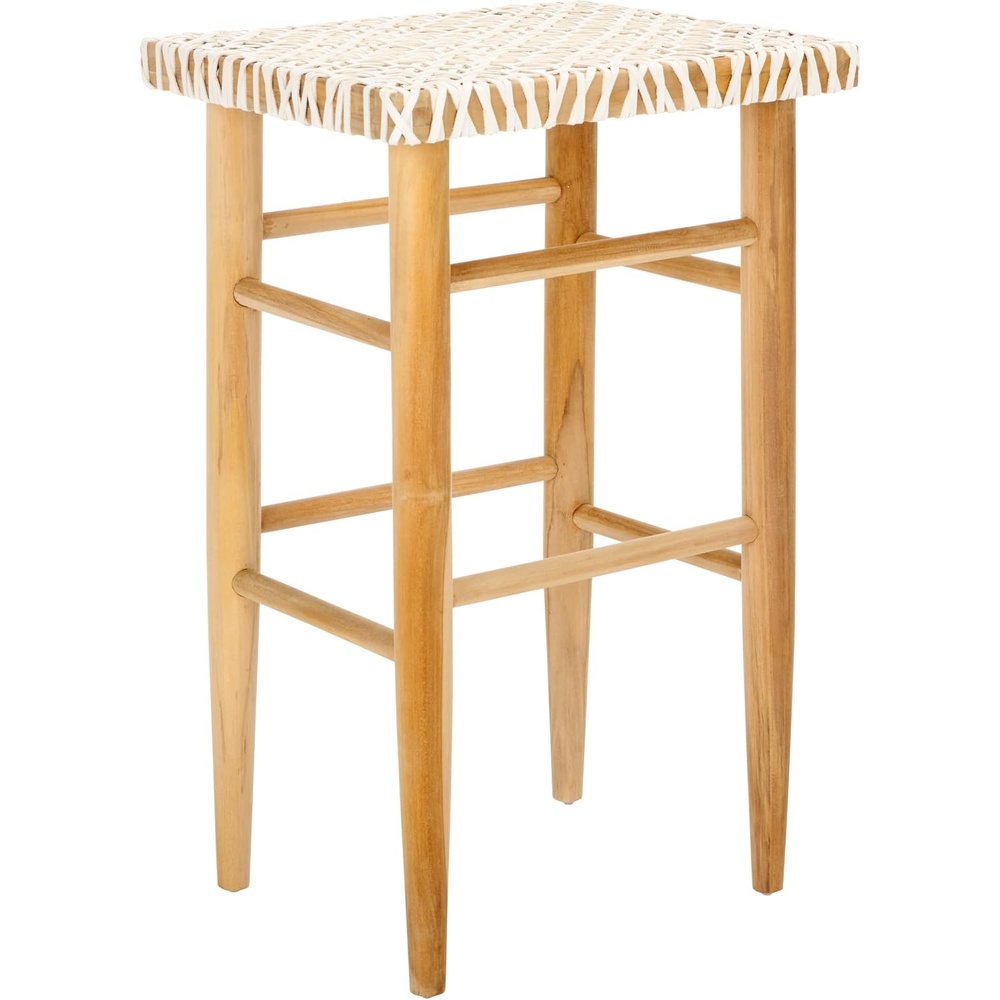 image:imageSAFAVIEH Home Collection Kaleo Natural Teak Solid WoodWhite Woven Leather 30inch Seat Height Bar Stool Fully AssembledWhiteNatural Teak