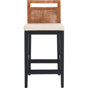 SAFAVIEH Furniture – Darin Counter Stool – Brown & White – Solid Wood – Coastal Upholstered Design – Ideal for Kitchen, Bar Area, Dining Room – Fully Assembled (BST4001D)(Brown Weaving/Black/White Cushion)