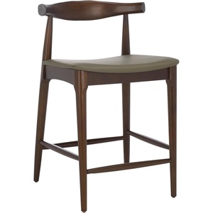 SAFAVIEH Home Collection – Elbow Espresso Solid Wood Counter Stool, 24-Inch Seat Height, Low Back Modern Kitchen Seating, Olive Upholstered Seat (BST3302A)