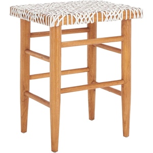 SAFAVIEH Home Collection Kaleo Natural Solid Wood/White Woven Leather 24-inch Seat Height Counter Stool (Fully Assembled)(White/Natural)