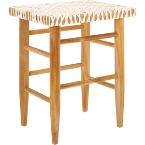 SAFAVIEH Home Collection Kaleo Natural Solid Wood/White Woven Leather 24-inch Seat Height Counter Stool (Fully Assembled)(White/Natural Teak)