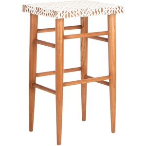 SAFAVIEH Home Collection Kaleo Natural Teak Solid Wood/White Woven Leather 30-inch Seat Height Bar Stool (Fully Assembled)(White/Natural)