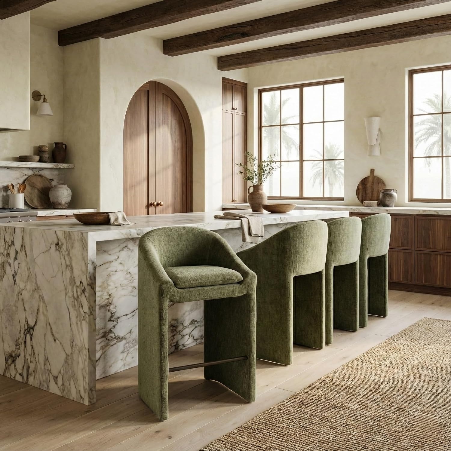 image:imageSAFAVIEH Couture Collection Kagan Taupe Chenille 31 Inch Bar Stool Upholstered BarHeight Seating with Curved Back Fully Assembled SFV4858DOlive Green
