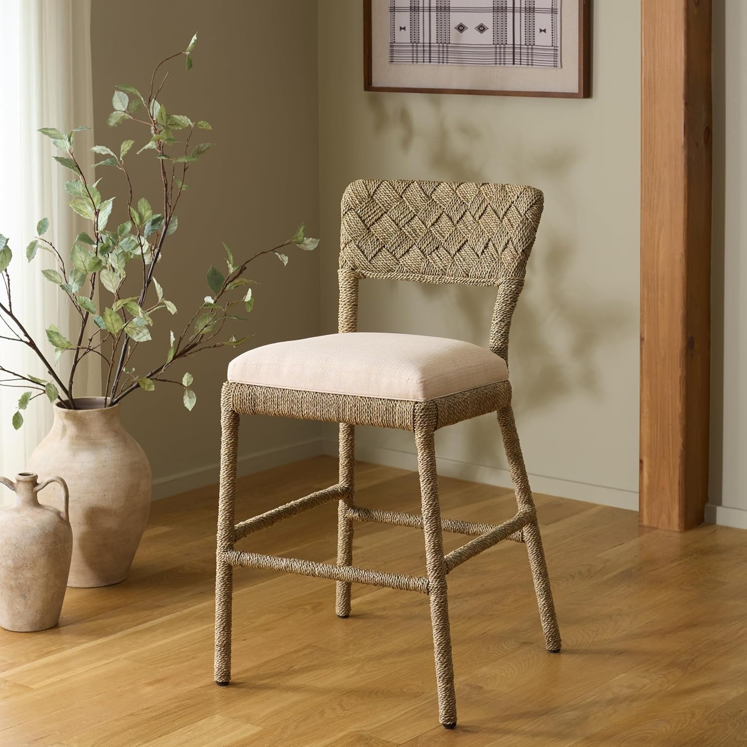 image:imageSAFAVIEH Couture Collection Rosemarie Woven Seagrass Counter Stool 25Inch Seat Height Cushioned CounterHeight Bar Stool for Kitchen Island Coastal Natural Style CWK2035ANaturalBeige