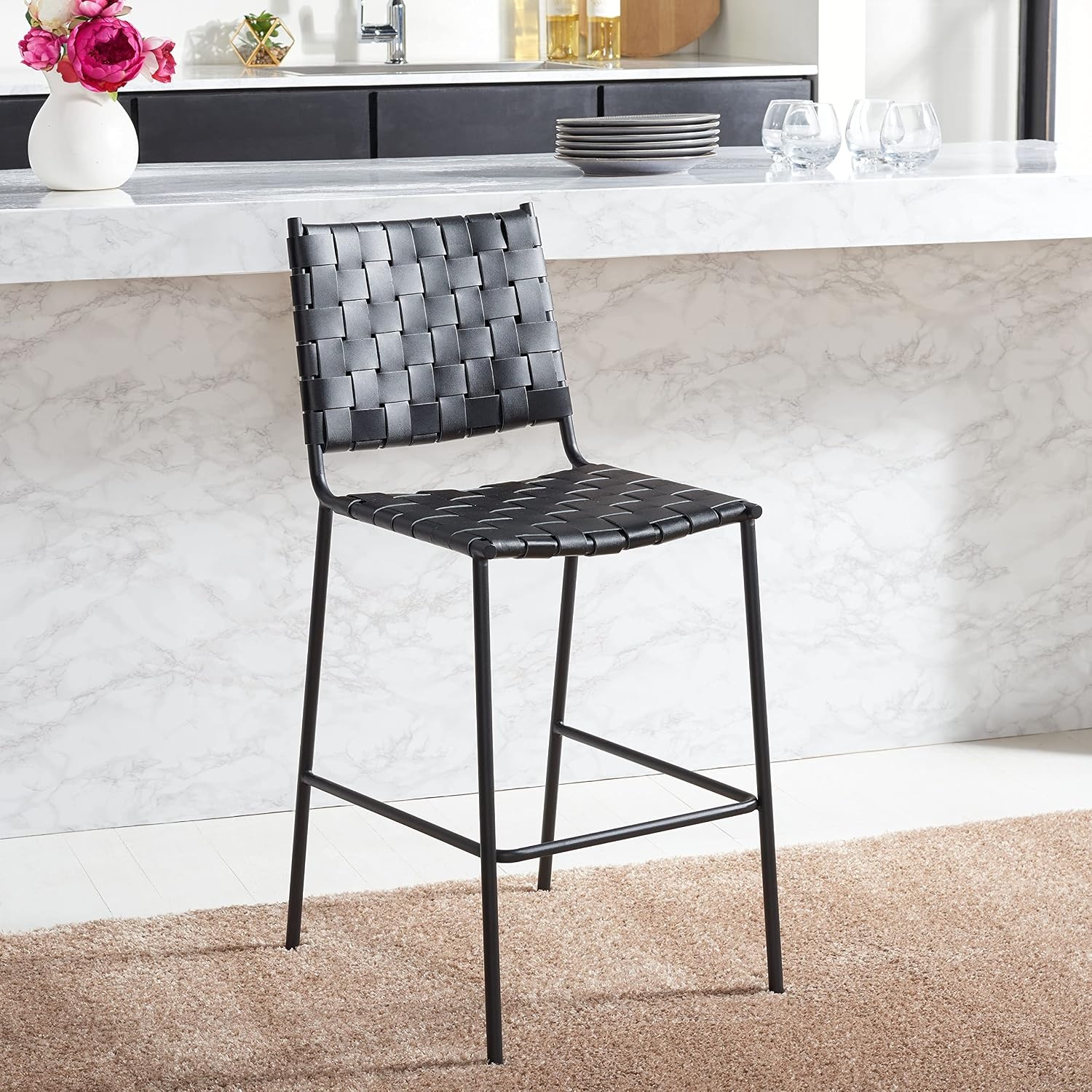 image:imageSAFAVIEH Home Collection Bahari White Woven LeatherBlack 26inch Kitchen Island Breakfast Nook Counter Stool Fully AssembledBlack