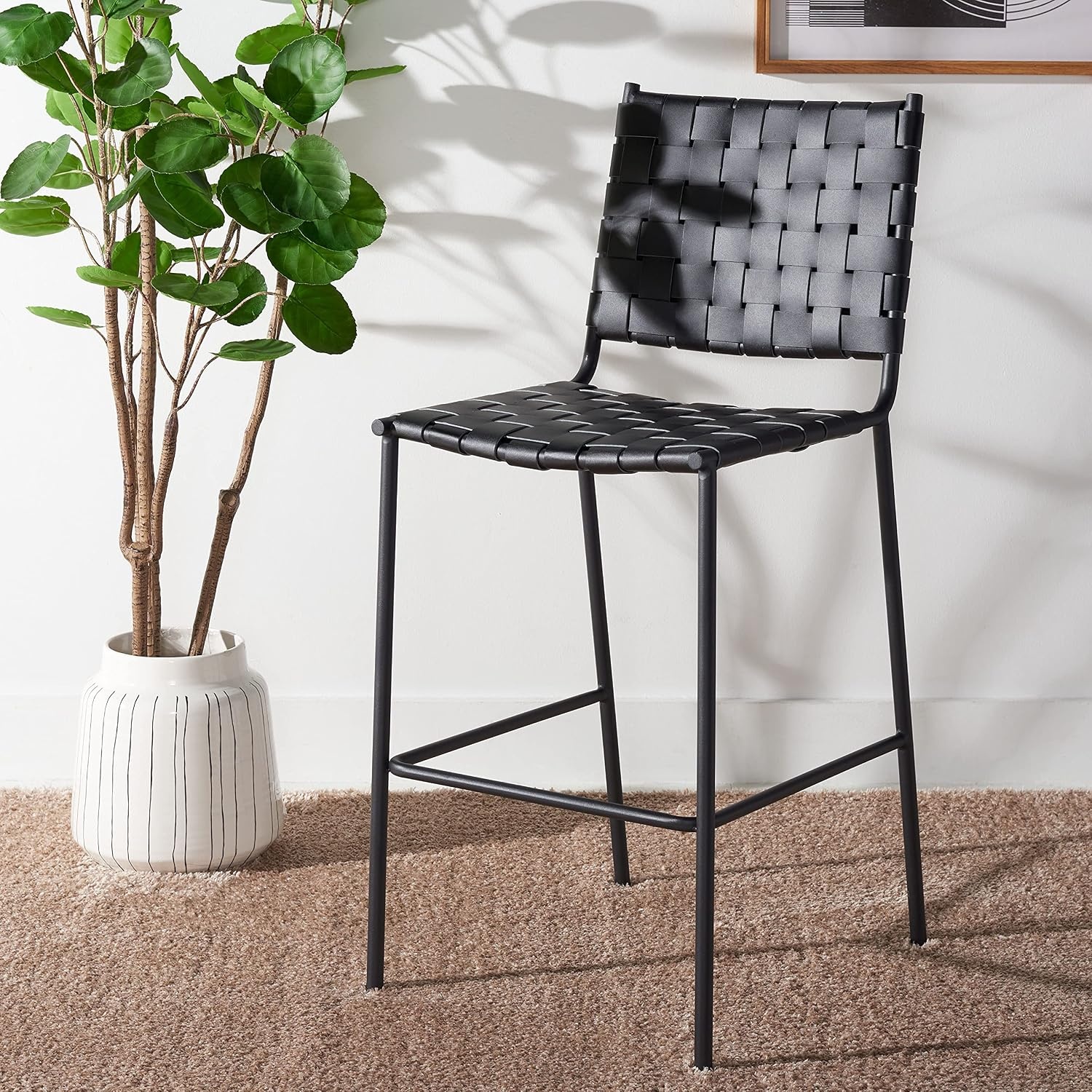 image:imageSAFAVIEH Home Collection Bahari White Woven LeatherBlack 26inch Kitchen Island Breakfast Nook Counter Stool Fully AssembledBlack