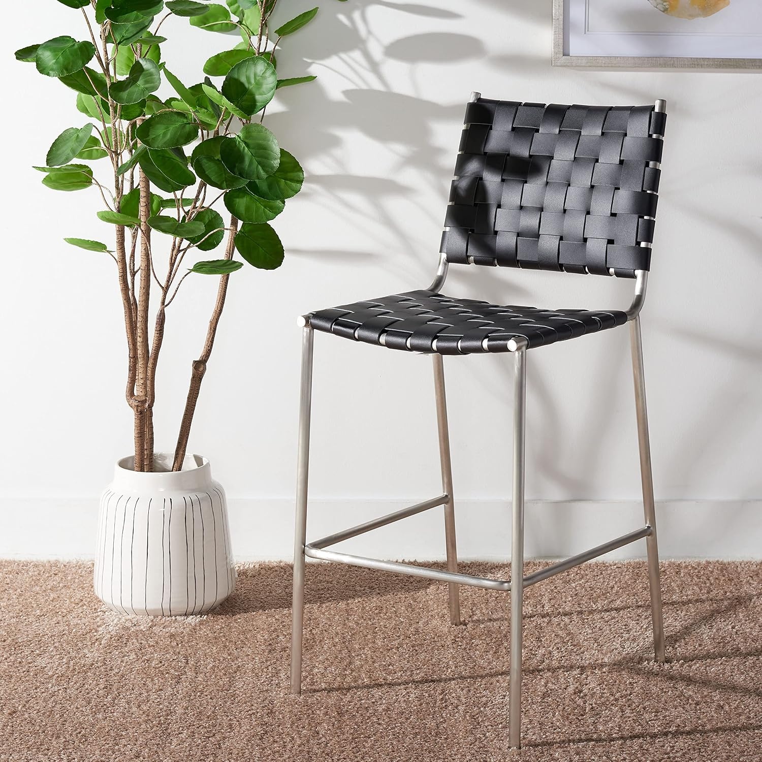 image:imageSAFAVIEH Home Collection Bahari White Woven LeatherBlack 26inch Kitchen Island Breakfast Nook Counter Stool Fully AssembledBlackSilver