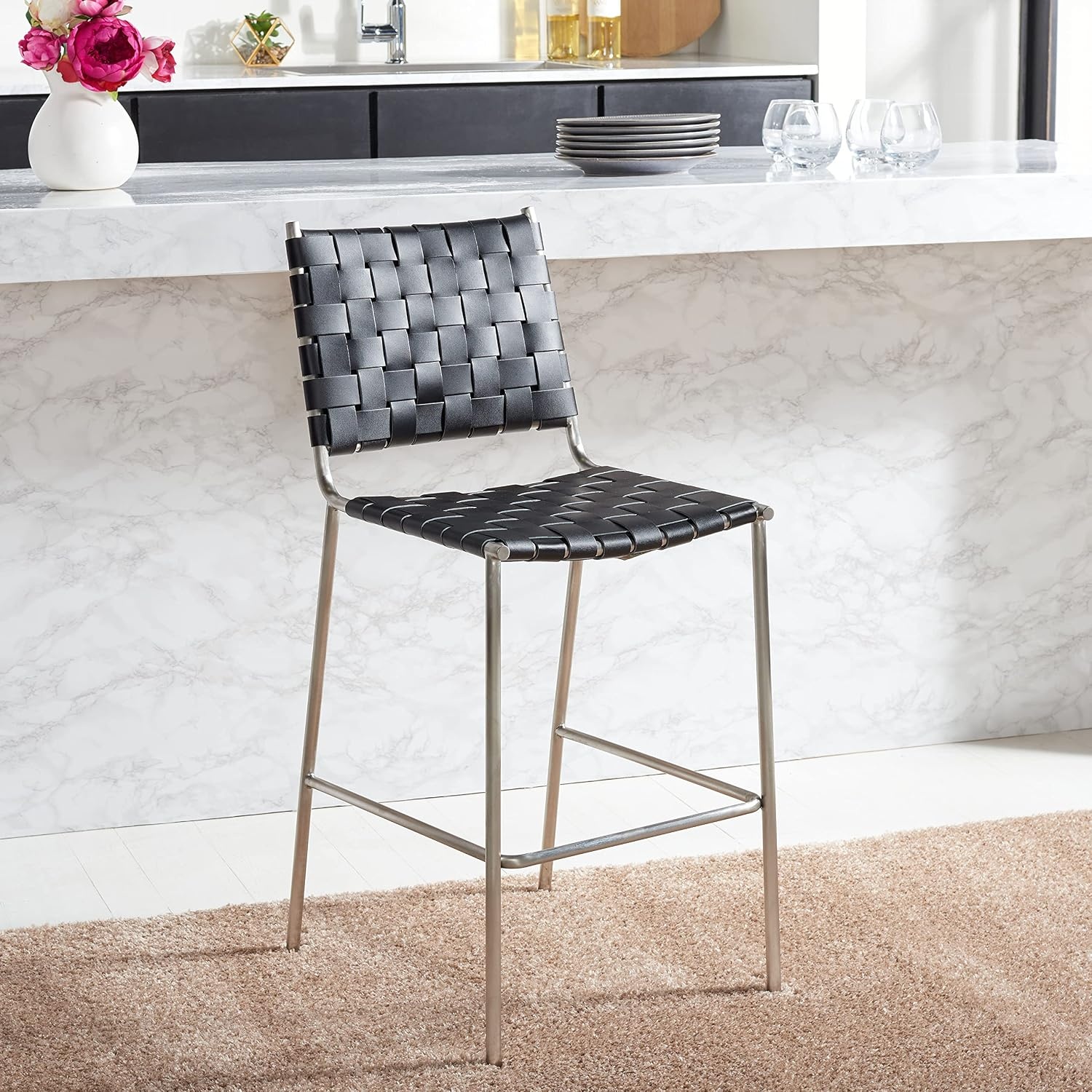 image:imageSAFAVIEH Home Collection Bahari White Woven LeatherBlack 26inch Kitchen Island Breakfast Nook Counter Stool Fully AssembledBlackSilver