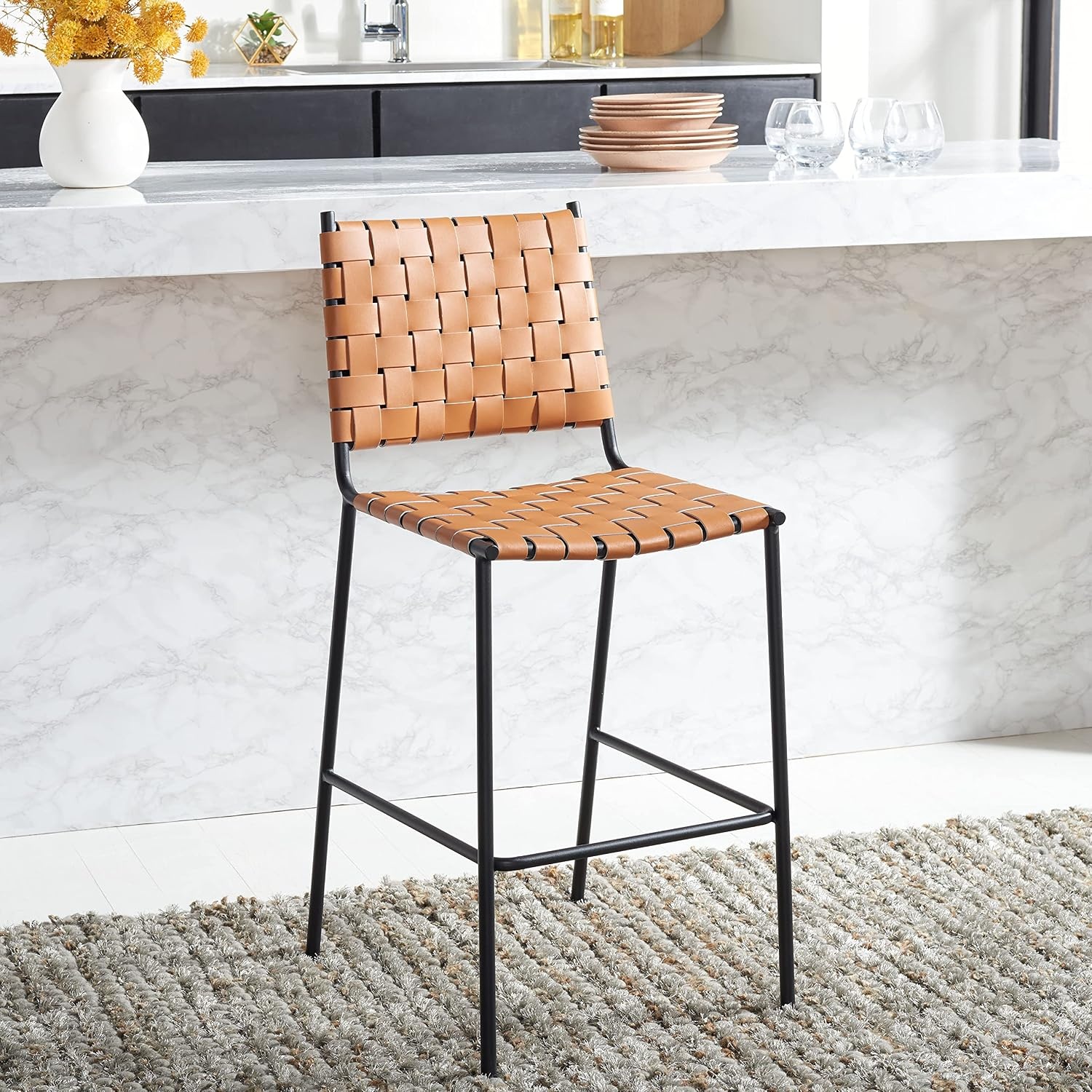 image:imageSAFAVIEH Home Collection Bahari White Woven LeatherBlack 26inch Kitchen Island Breakfast Nook Counter Stool Fully AssembledCognacBlack