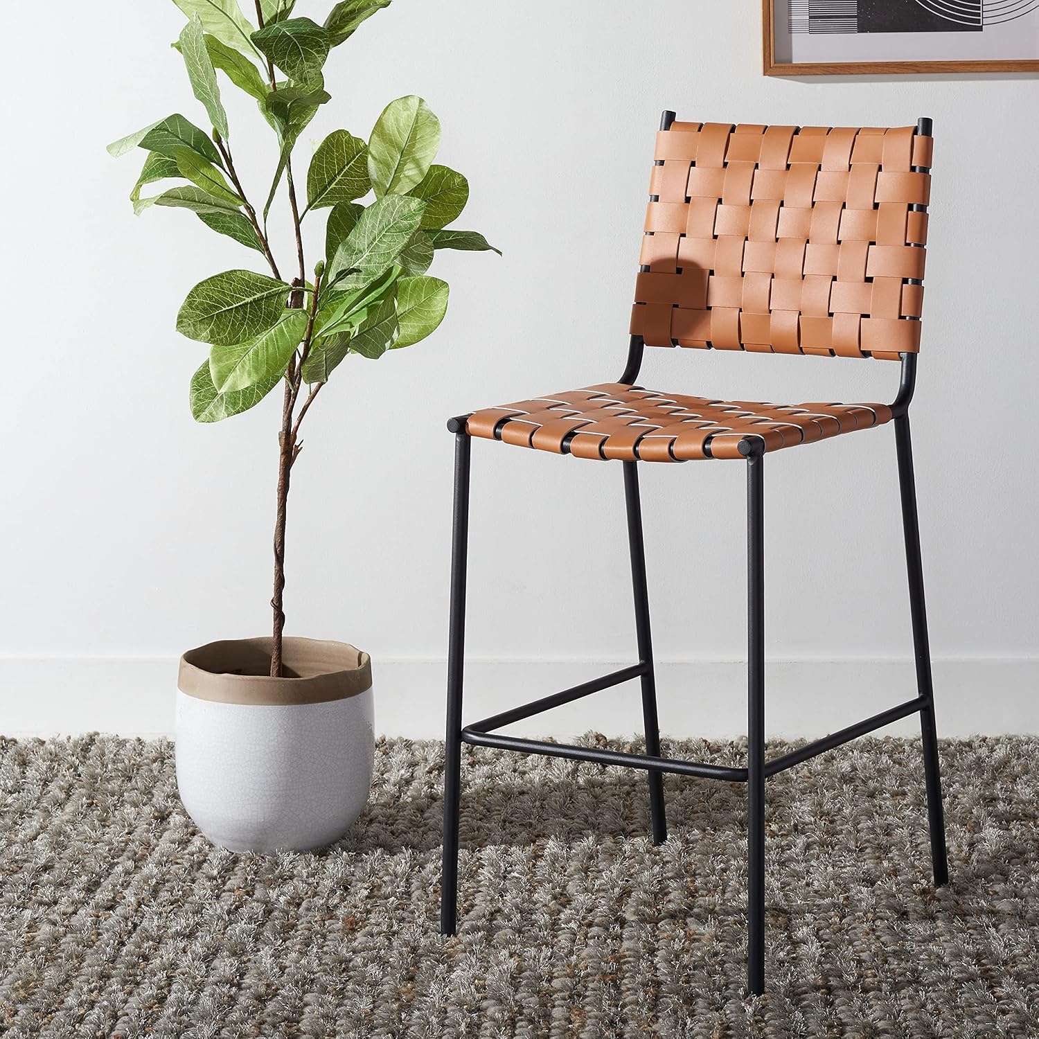 image:imageSAFAVIEH Home Collection Bahari White Woven LeatherBlack 26inch Kitchen Island Breakfast Nook Counter Stool Fully AssembledCognacBlack