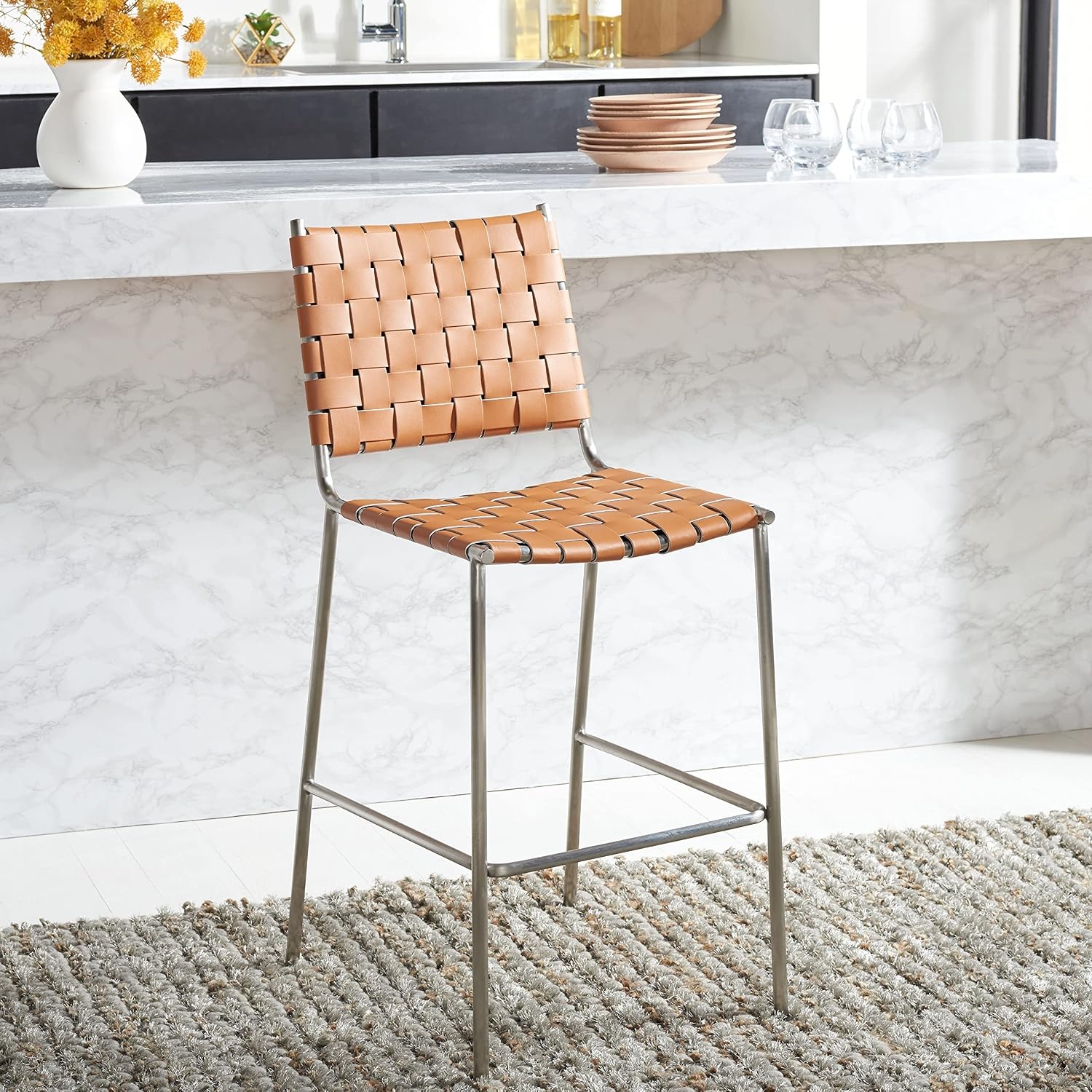 image:imageSAFAVIEH Home Collection Bahari White Woven LeatherBlack 26inch Kitchen Island Breakfast Nook Counter Stool Fully AssembledCognacSilver