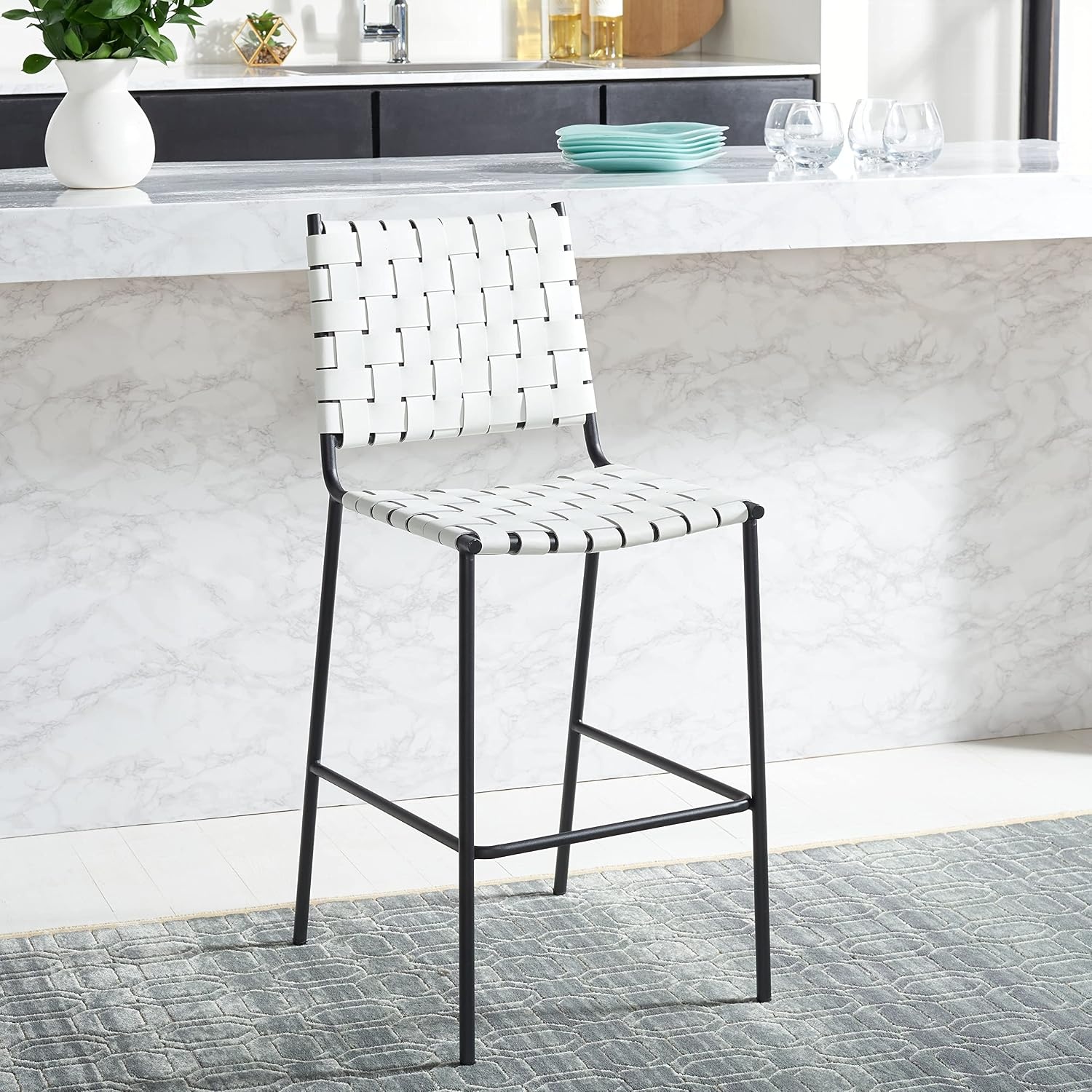 image:imageSAFAVIEH Home Collection Bahari White Woven LeatherBlack 26inch Kitchen Island Breakfast Nook Counter Stool Fully AssembledWhiteBlack