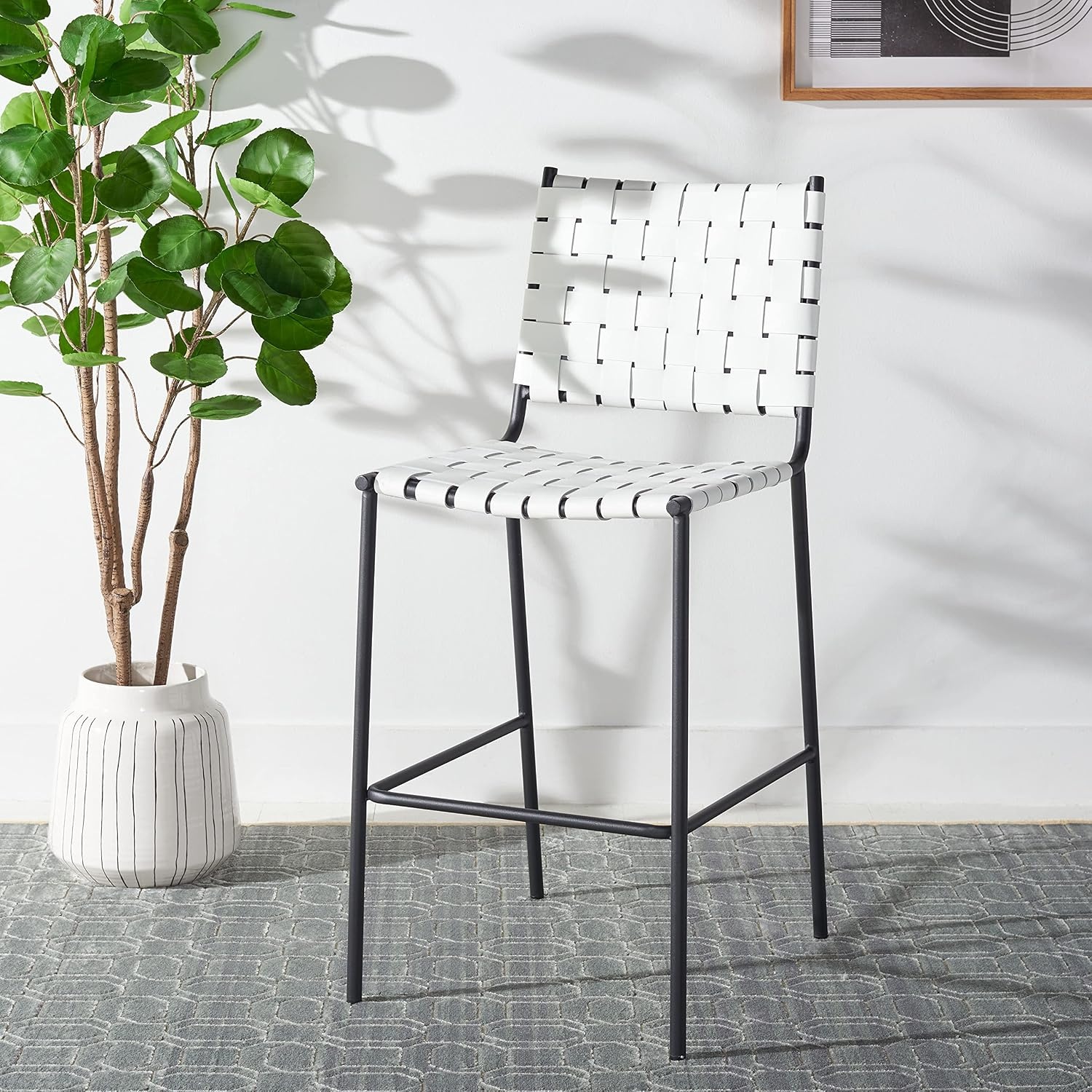 image:imageSAFAVIEH Home Collection Bahari White Woven LeatherBlack 26inch Kitchen Island Breakfast Nook Counter Stool Fully AssembledWhiteBlack