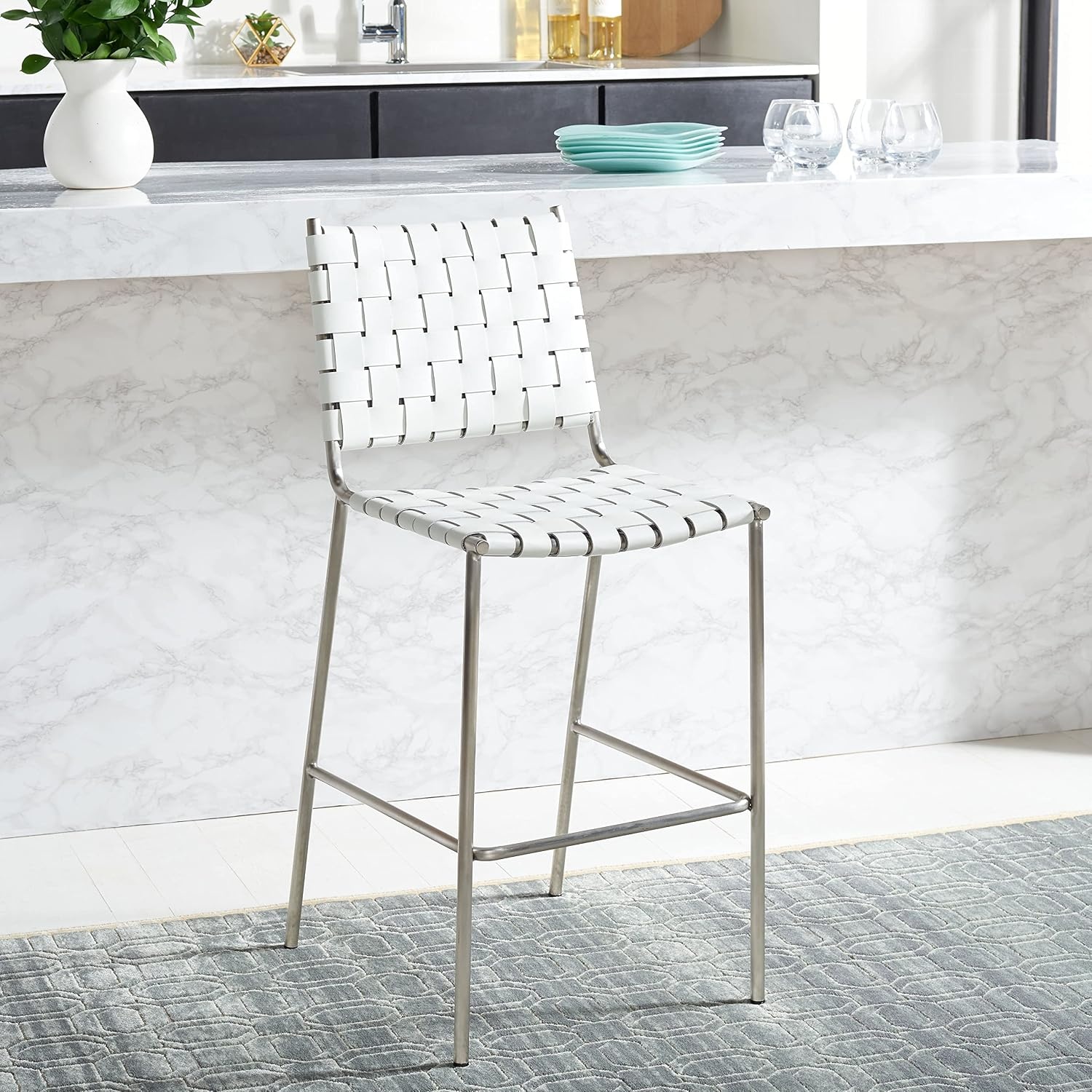 image:imageSAFAVIEH Home Collection Bahari White Woven LeatherBlack 26inch Kitchen Island Breakfast Nook Counter Stool Fully AssembledWhiteSilver