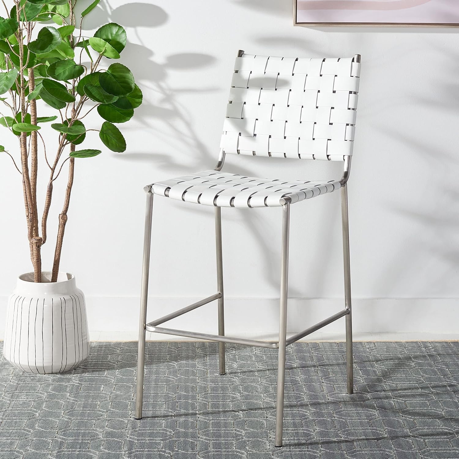 image:imageSAFAVIEH Home Collection Bahari White Woven LeatherBlack 26inch Kitchen Island Breakfast Nook Counter Stool Fully AssembledWhiteSilver