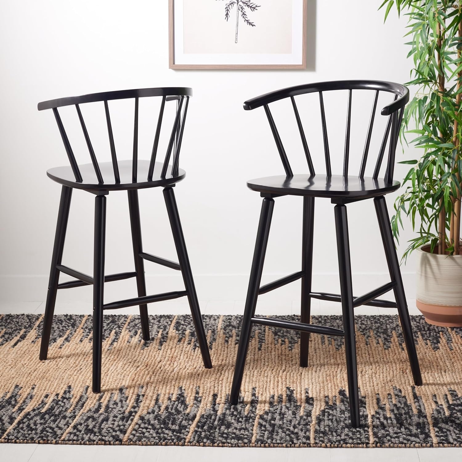 image:imageSAFAVIEH Home Collection Blanchard Farmhouse NaturalWhite Solid Wood Windsor Spindle 29inch Seat Height Bar Stool Set of 2Black