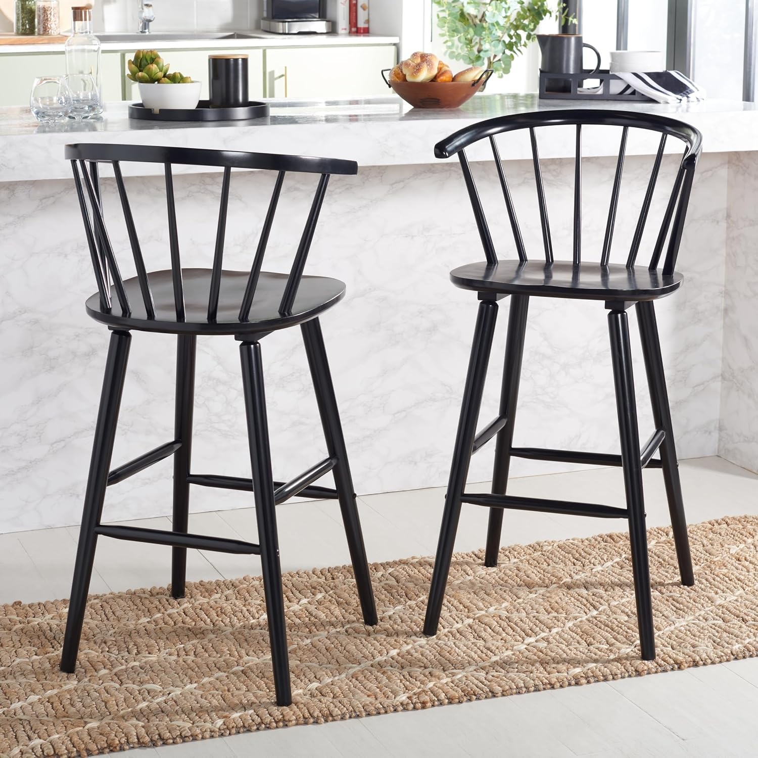 image:imageSAFAVIEH Home Collection Blanchard Farmhouse NaturalWhite Solid Wood Windsor Spindle 29inch Seat Height Bar Stool Set of 2Black