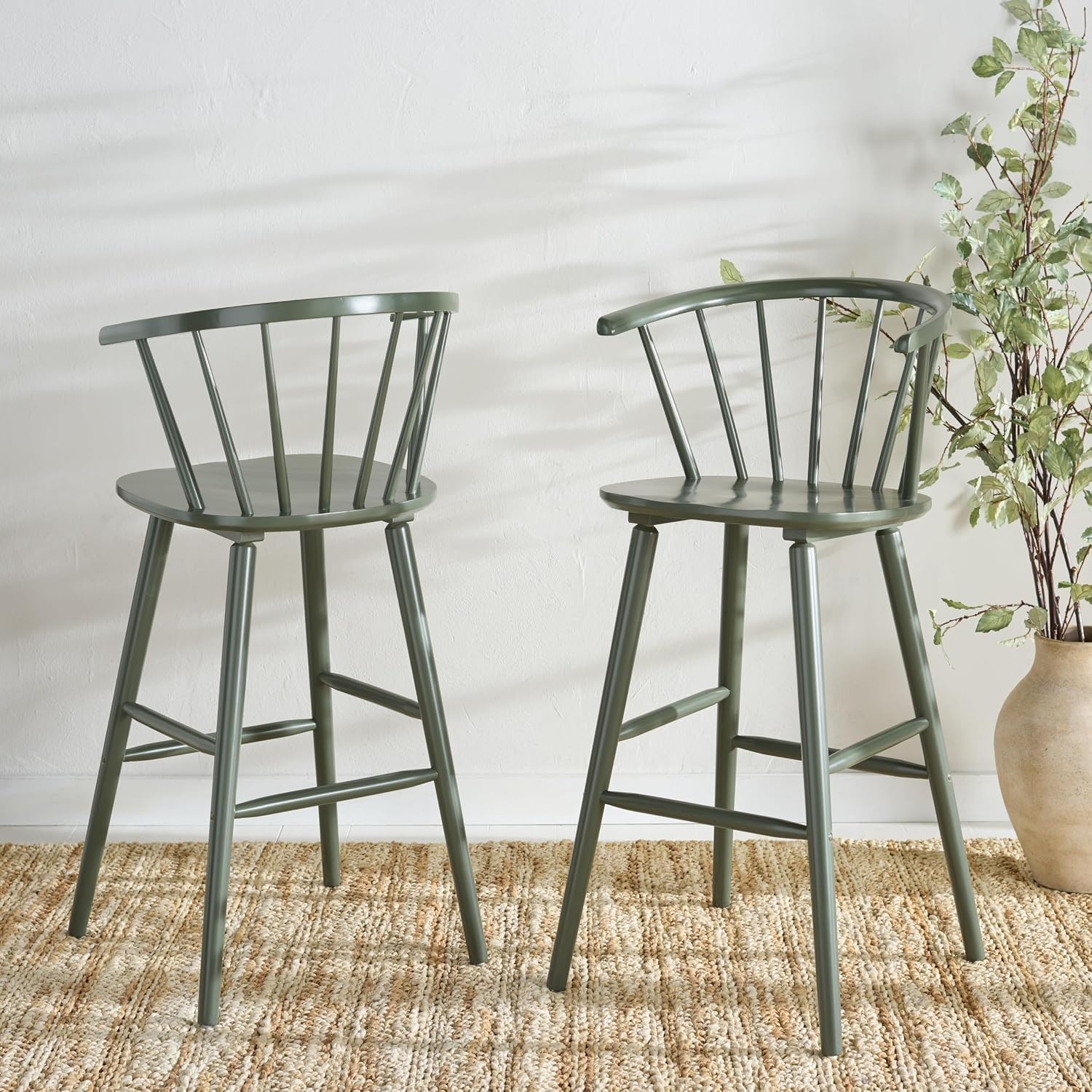 image:imageSAFAVIEH Home Collection Blanchard Farmhouse NaturalWhite Solid Wood Windsor Spindle 29inch Seat Height Bar Stool Set of 2Dusty Green