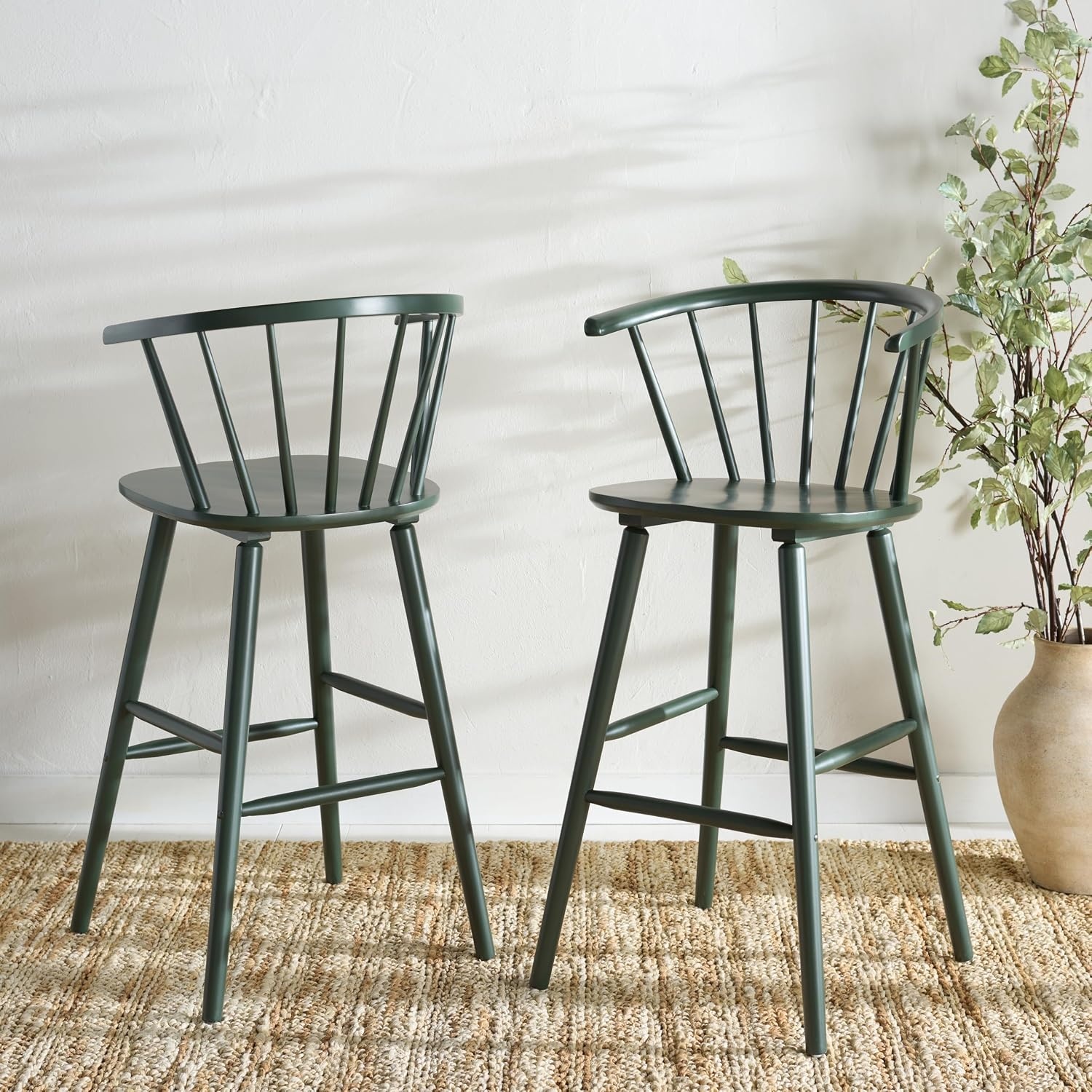 image:imageSAFAVIEH Home Collection Blanchard Farmhouse NaturalWhite Solid Wood Windsor Spindle 29inch Seat Height Bar Stool Set of 2Garden Green