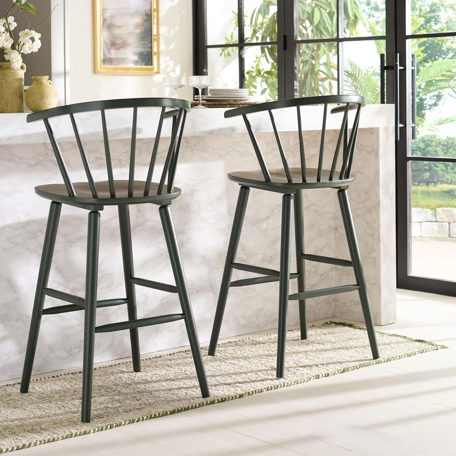 image:imageSAFAVIEH Home Collection Blanchard Farmhouse NaturalWhite Solid Wood Windsor Spindle 29inch Seat Height Bar Stool Set of 2Garden Green