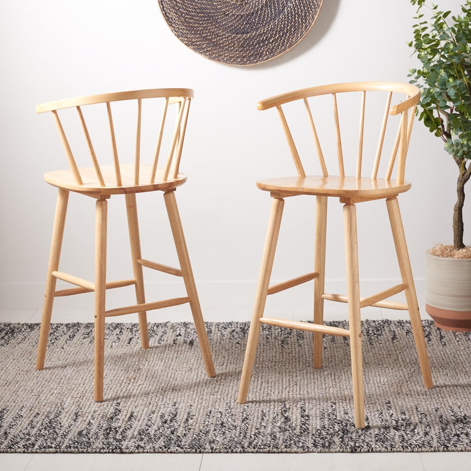 image:imageSAFAVIEH Home Collection Blanchard Farmhouse NaturalWhite Solid Wood Windsor Spindle 29inch Seat Height Bar Stool Set of 2Natural