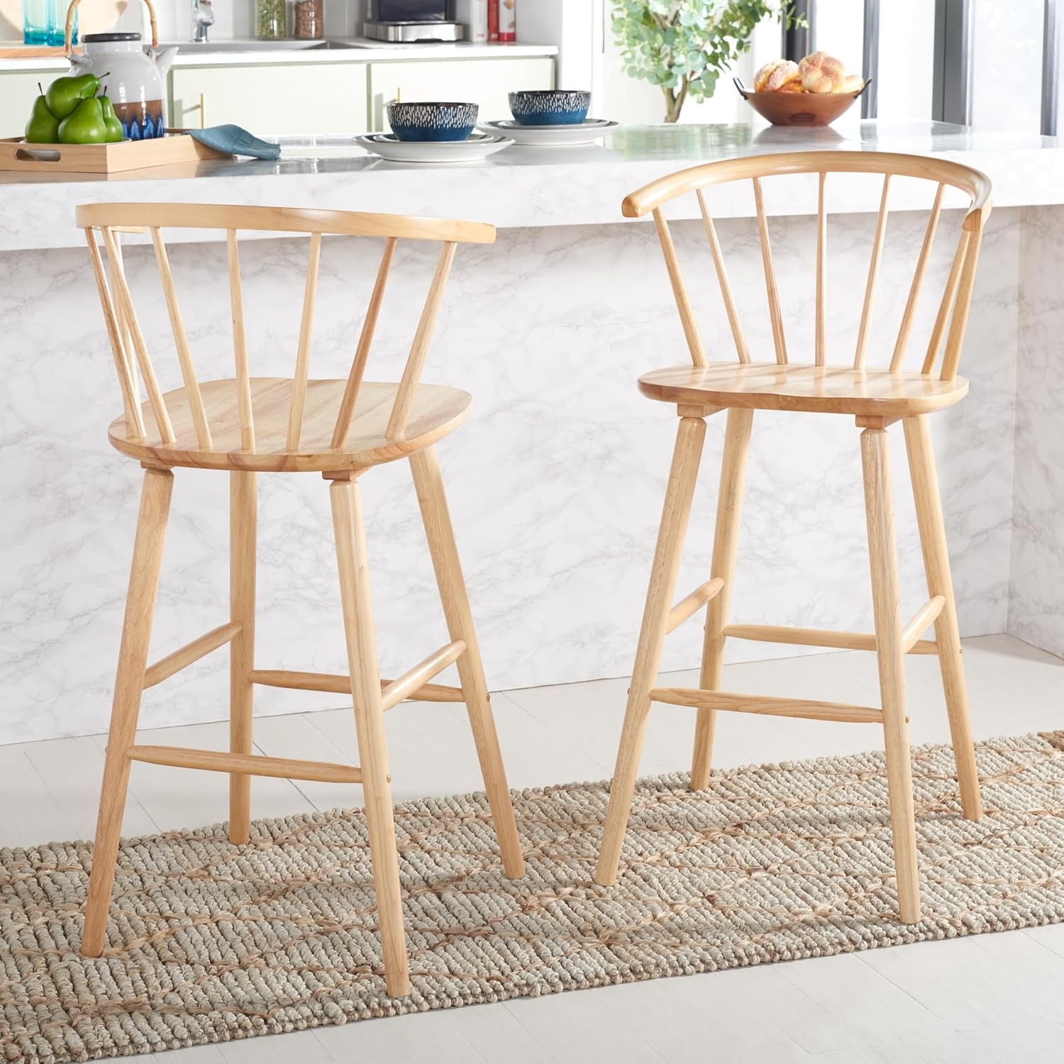 image:imageSAFAVIEH Home Collection Blanchard Farmhouse NaturalWhite Solid Wood Windsor Spindle 29inch Seat Height Bar Stool Set of 2Natural