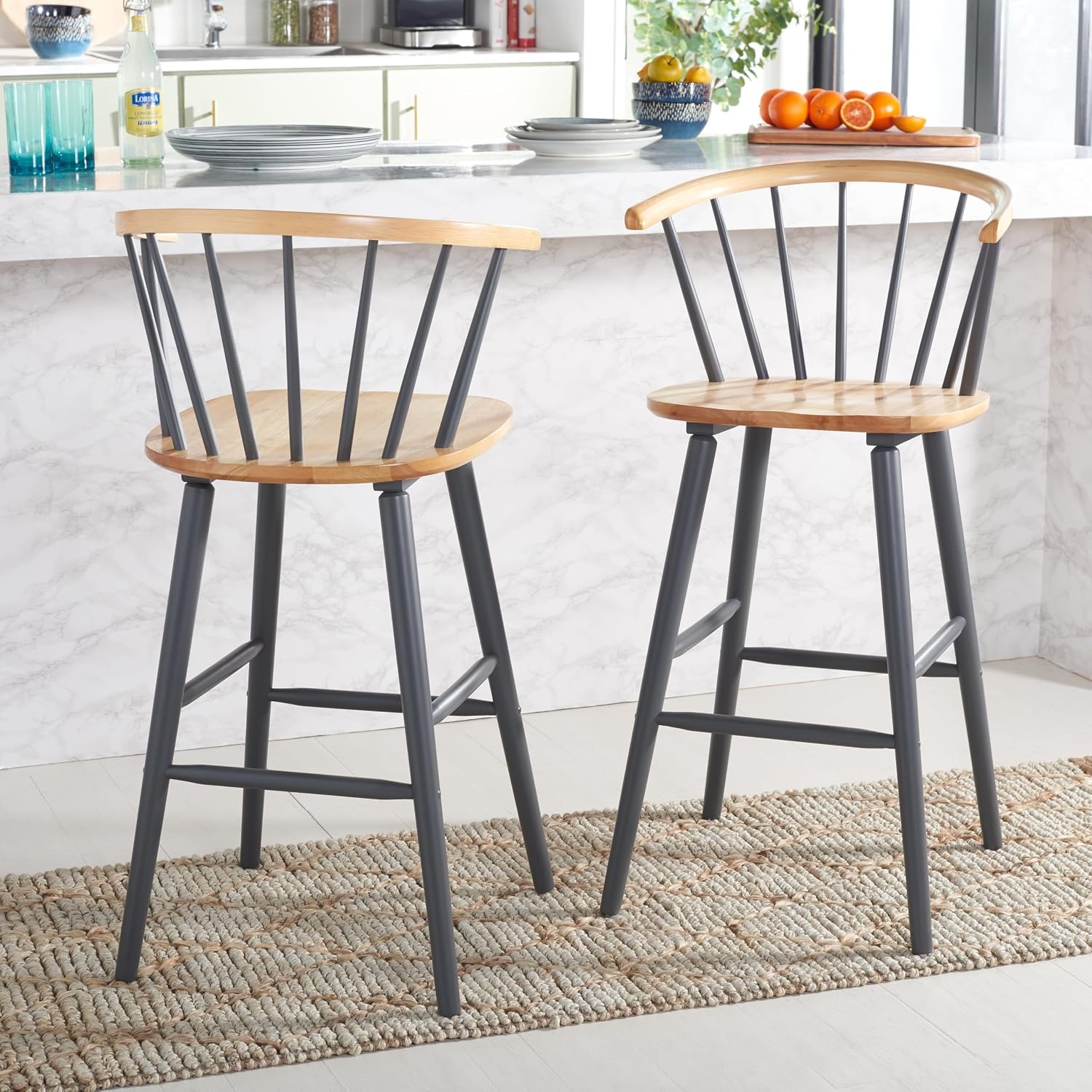image:imageSAFAVIEH Home Collection Blanchard Farmhouse NaturalWhite Solid Wood Windsor Spindle 29inch Seat Height Bar Stool Set of 2NaturalGrey