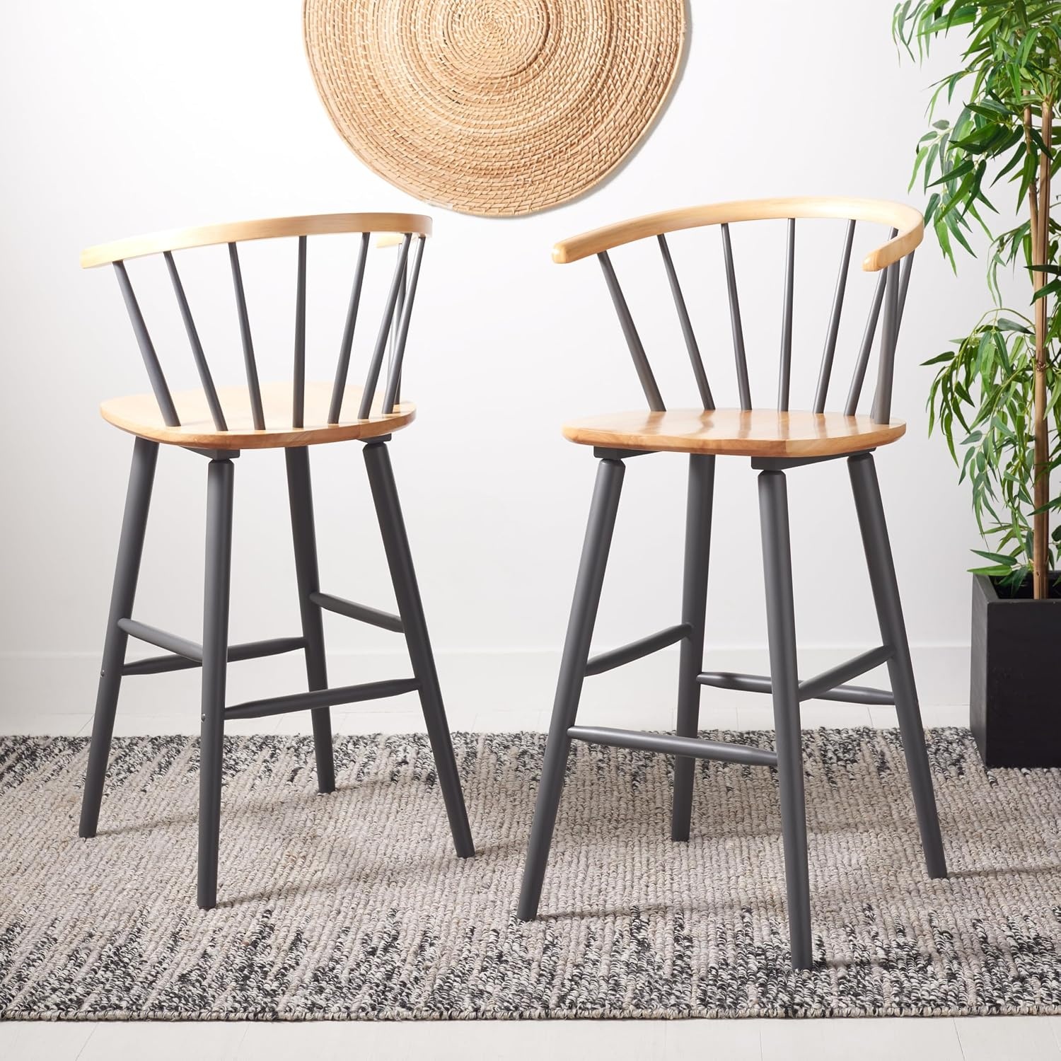 image:imageSAFAVIEH Home Collection Blanchard Farmhouse NaturalWhite Solid Wood Windsor Spindle 29inch Seat Height Bar Stool Set of 2NaturalGrey