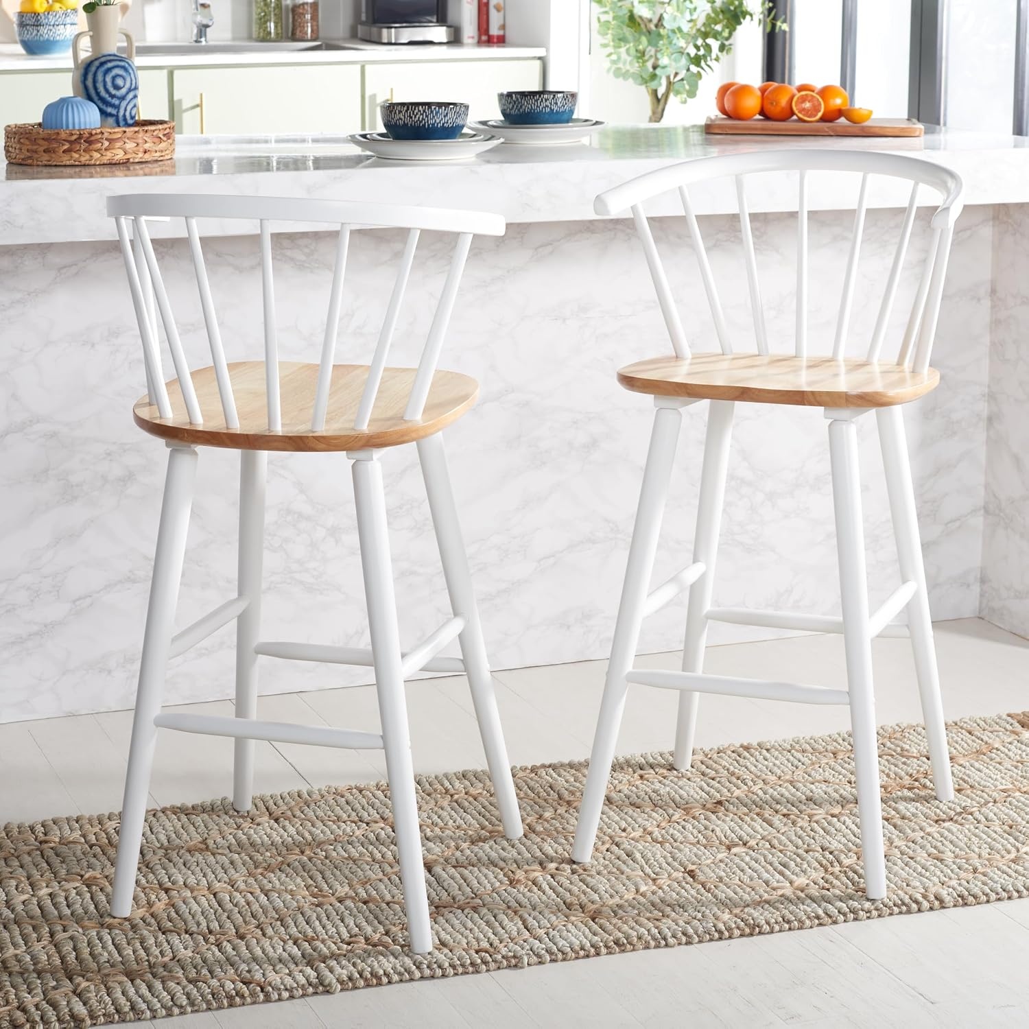image:imageSAFAVIEH Home Collection Blanchard Farmhouse NaturalWhite Solid Wood Windsor Spindle 29inch Seat Height Bar Stool Set of 2NaturalWhite