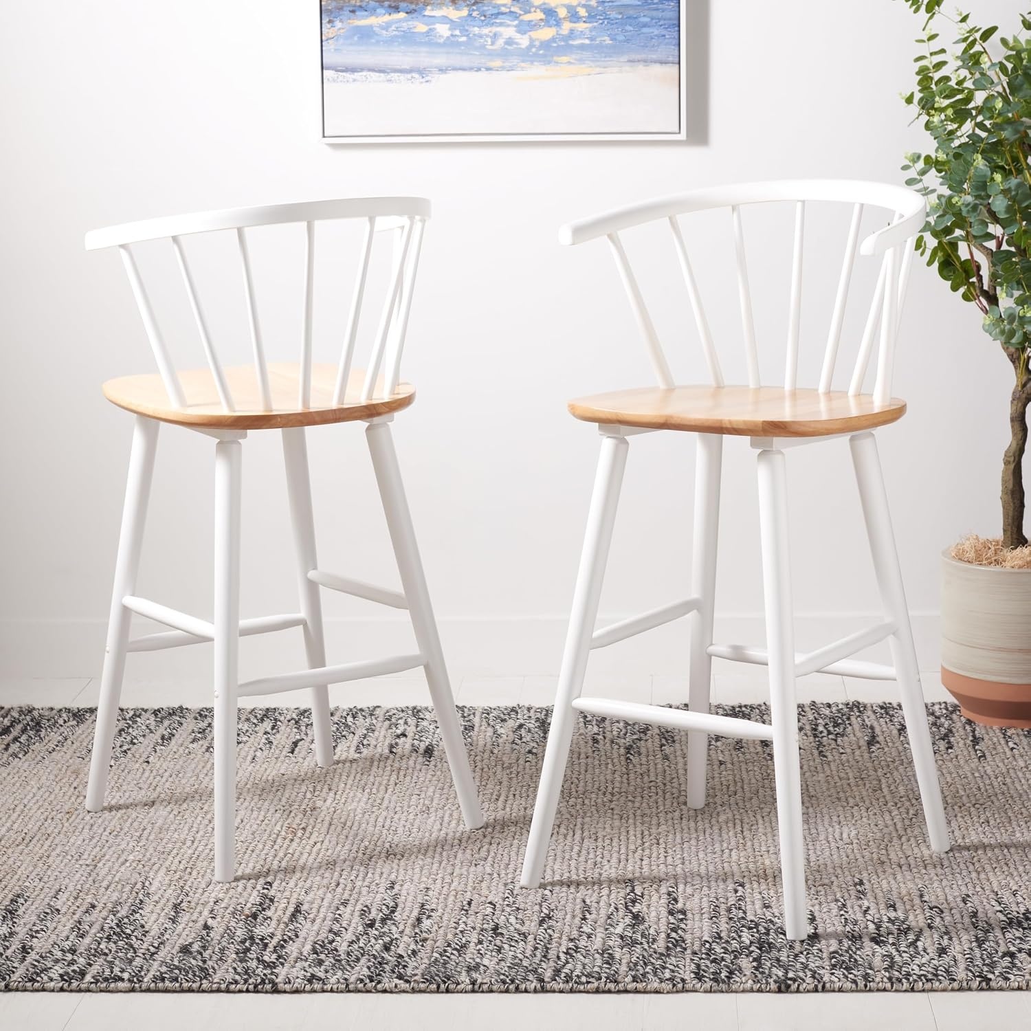 image:imageSAFAVIEH Home Collection Blanchard Farmhouse NaturalWhite Solid Wood Windsor Spindle 29inch Seat Height Bar Stool Set of 2NaturalWhite