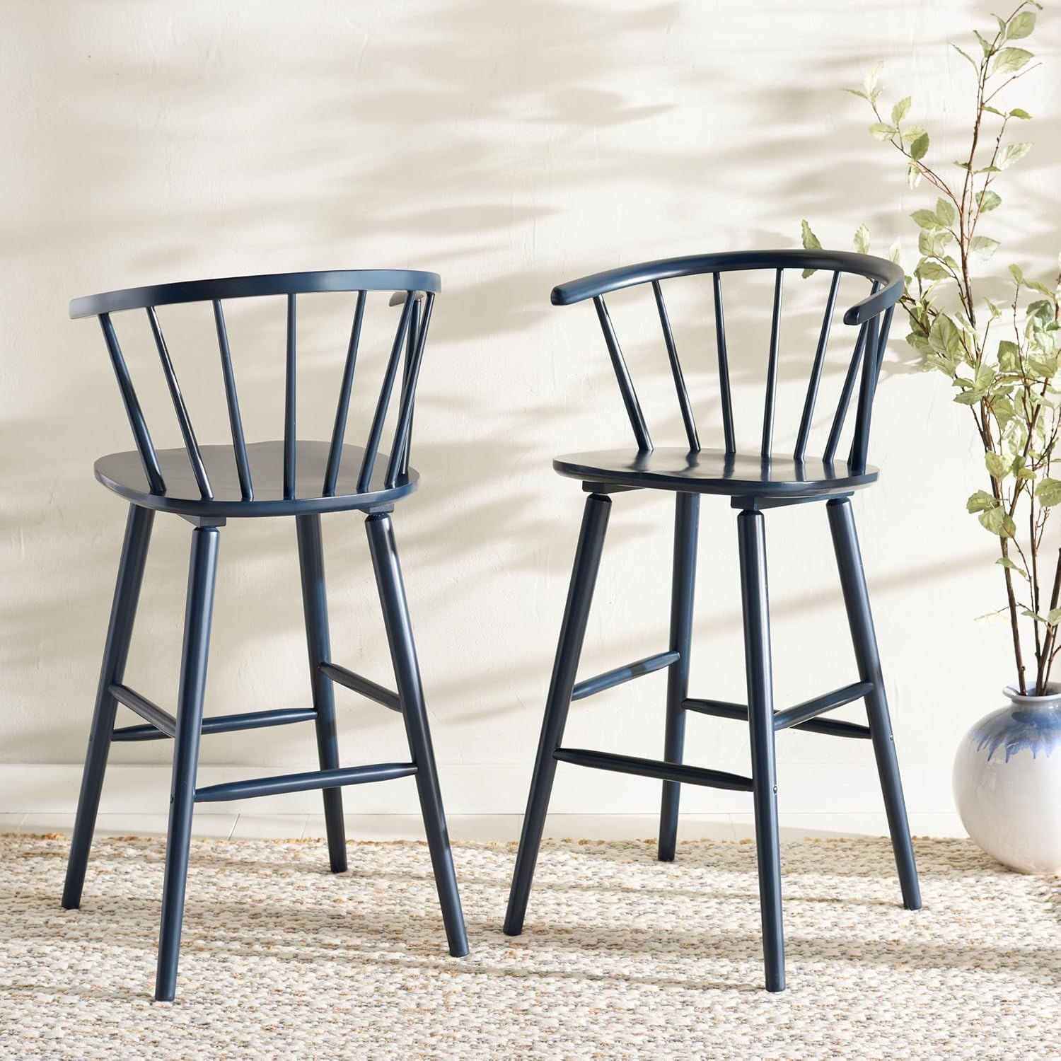 image:imageSAFAVIEH Home Collection Blanchard Farmhouse NaturalWhite Solid Wood Windsor Spindle 29inch Seat Height Bar Stool Set of 2Navy