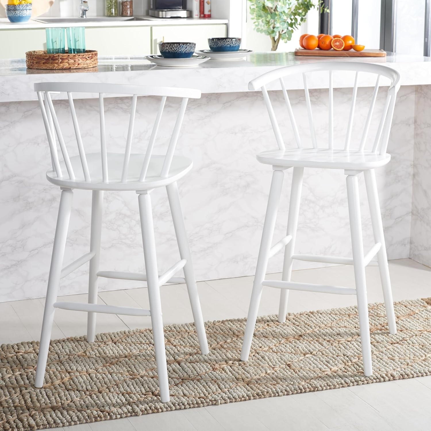 image:imageSAFAVIEH Home Collection Blanchard Farmhouse NaturalWhite Solid Wood Windsor Spindle 29inch Seat Height Bar Stool Set of 2White