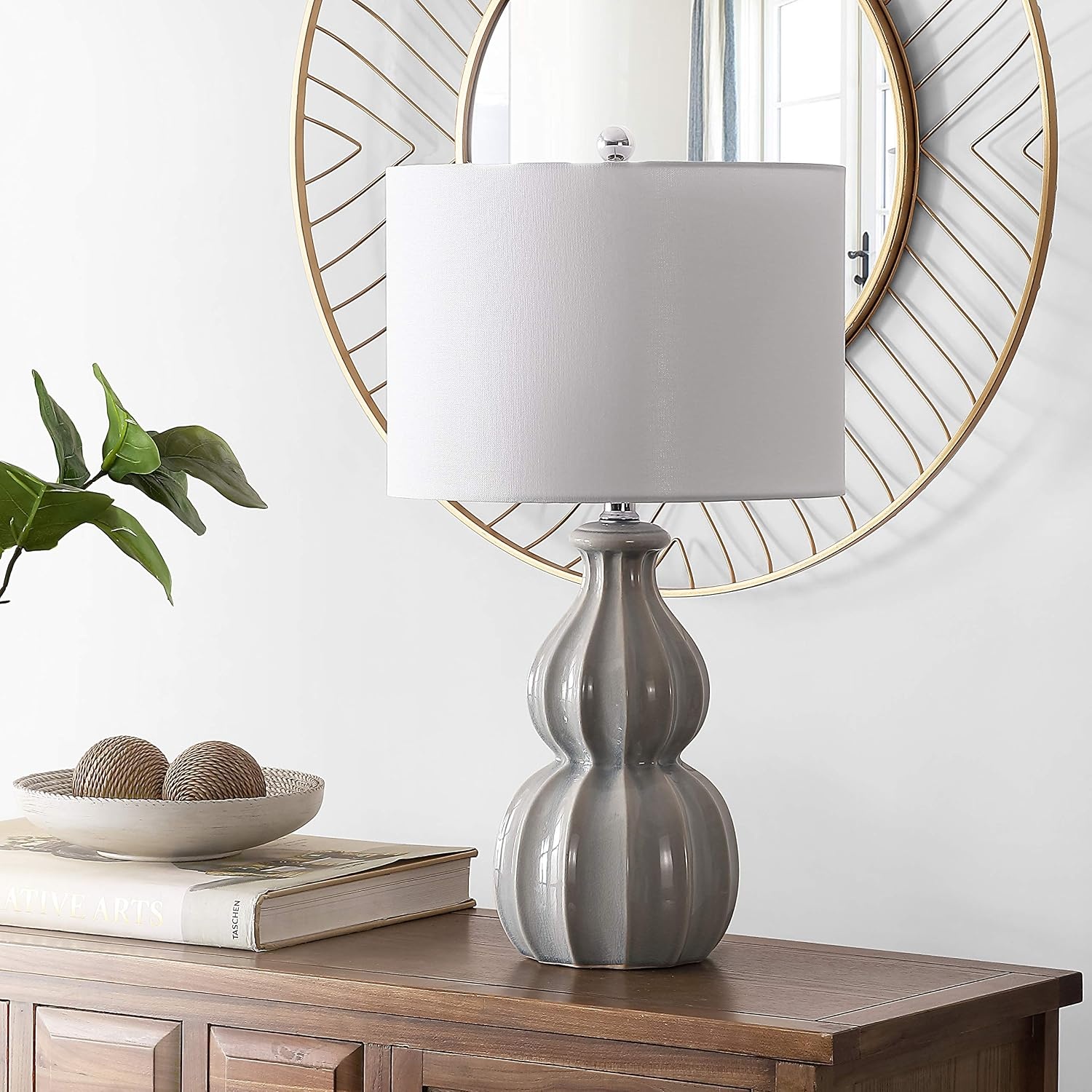 image:imageSAFAVIEH Lighting Collection Wade Grey Double Gourd Ceramic Table Lamp 26Inch Accent Lamp for Bedroom Living Room Home Office TBL4274AGray